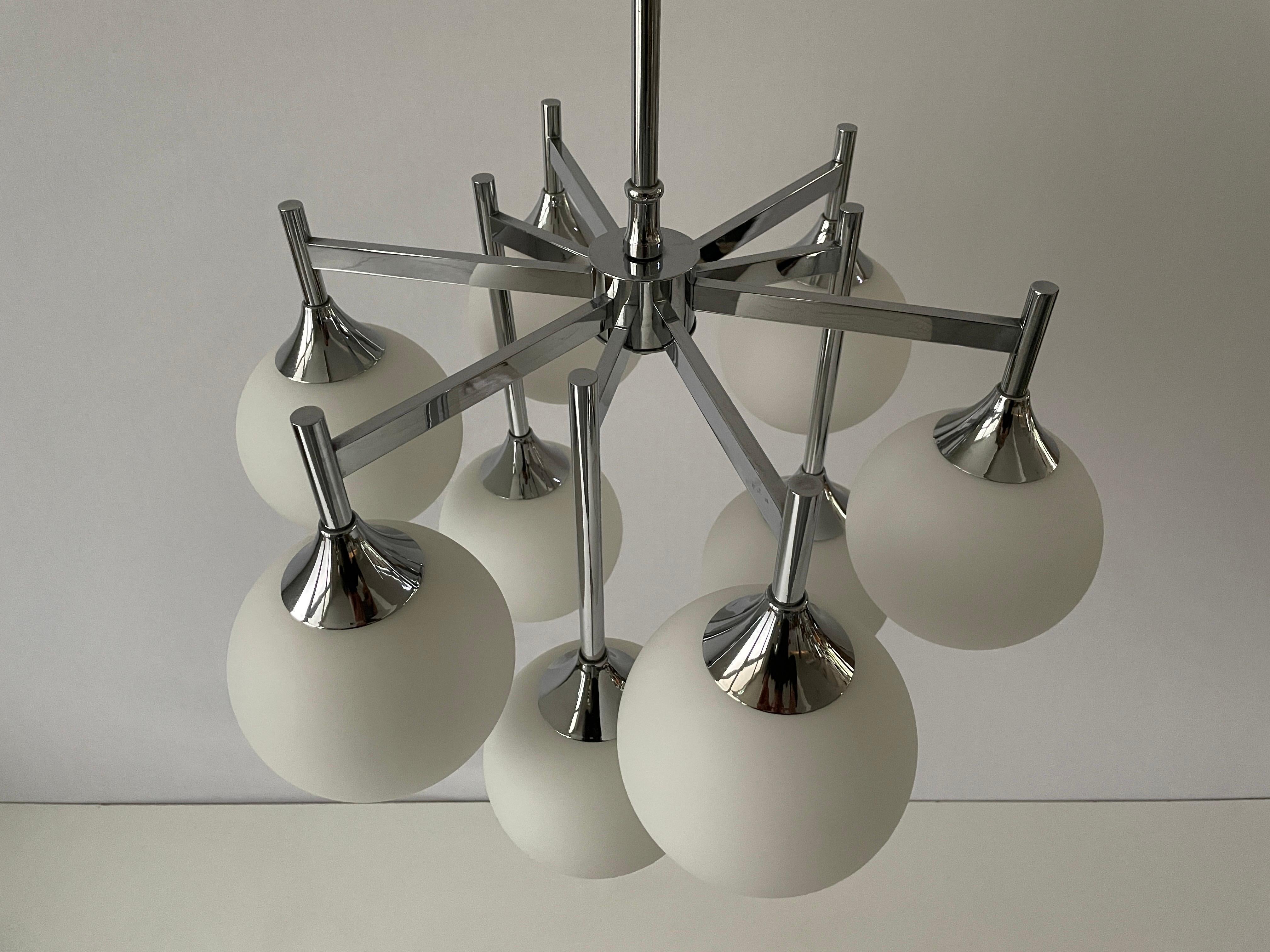 Metal 9 White Ball Glass and Chrome Body Chandelier by Kaiser Leuchten, 1960s, Germany For Sale