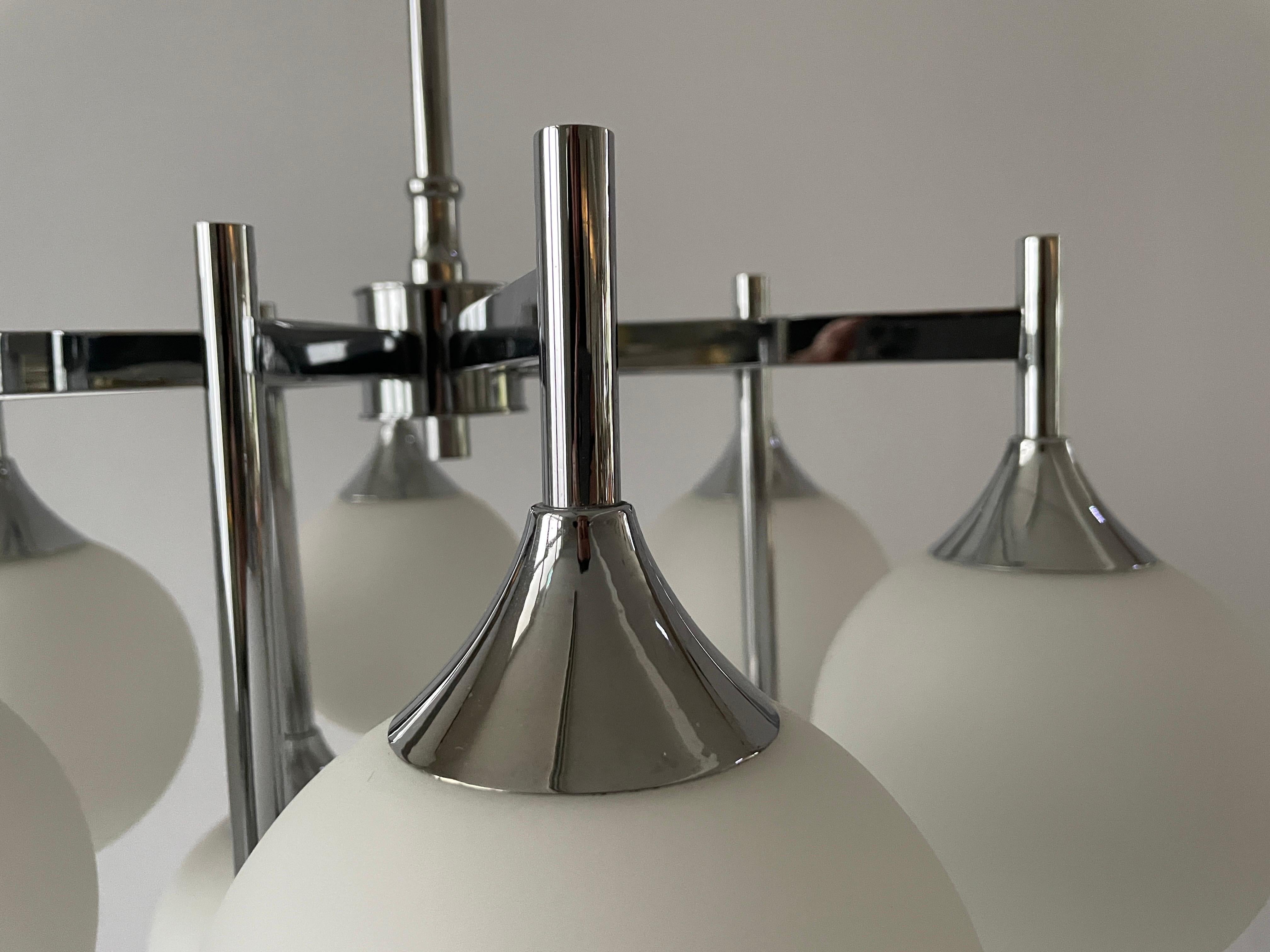 9 White Ball Glass and Chrome Body Chandelier by Kaiser Leuchten, 1960s, Germany For Sale 1
