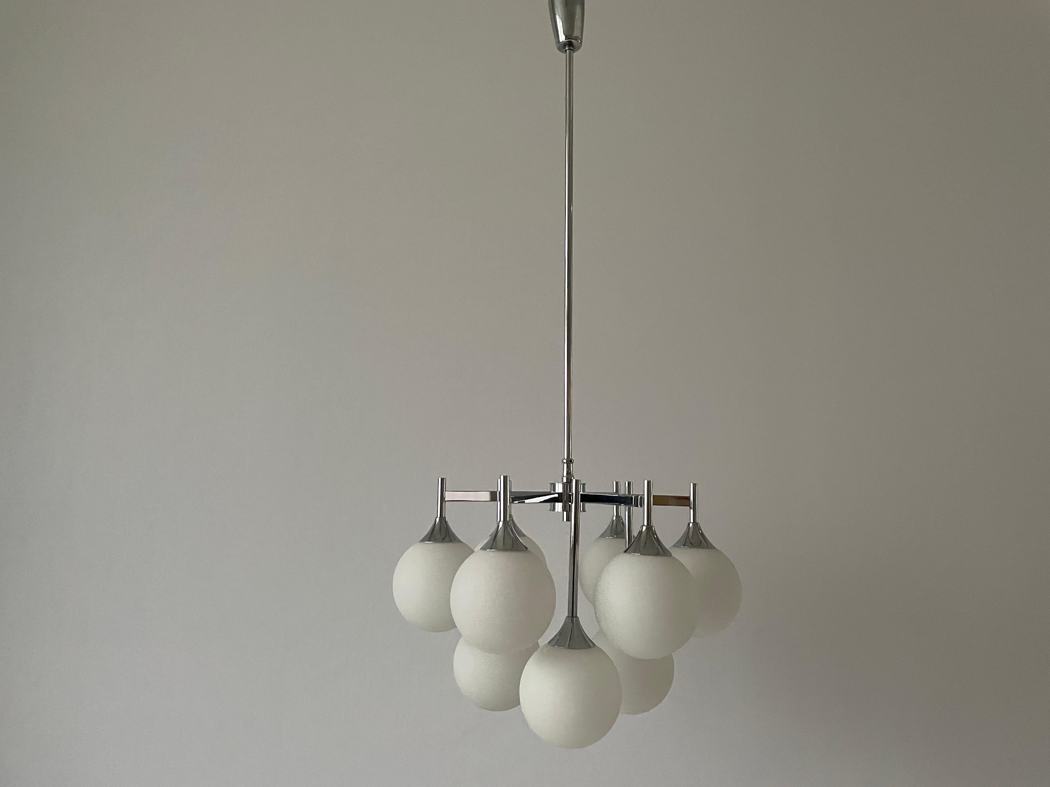 9 White Ball Glass and Chrome Body Chandelier by Kaiser Leuchten, 1960s, Germany For Sale 2