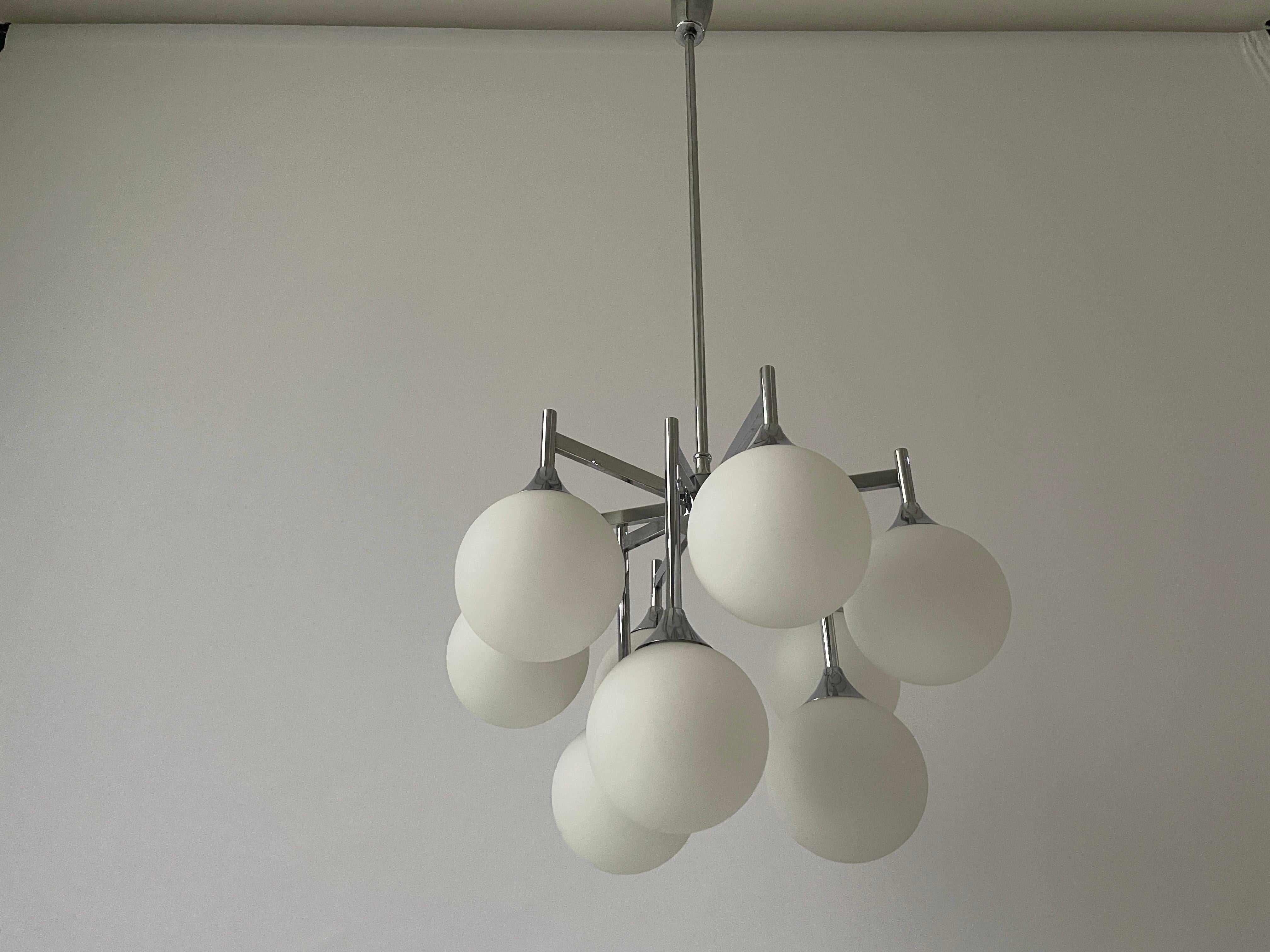 9 White Ball Glass and Chrome Body Chandelier by Kaiser Leuchten, 1960s, Germany For Sale 3