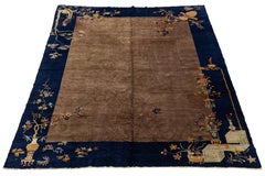 9 x 11 Antique Art Deco Chinese Wool Rug In Brown and Blue With Floral Pattern (Tapis chinois en laine marron et bleu à motif floral)