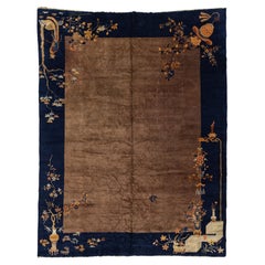 9 x 11 Antique Art Deco Chinese Wool Rug In Brown and Blue With Floral Pattern (Tapis chinois en laine marron et bleu à motif floral)