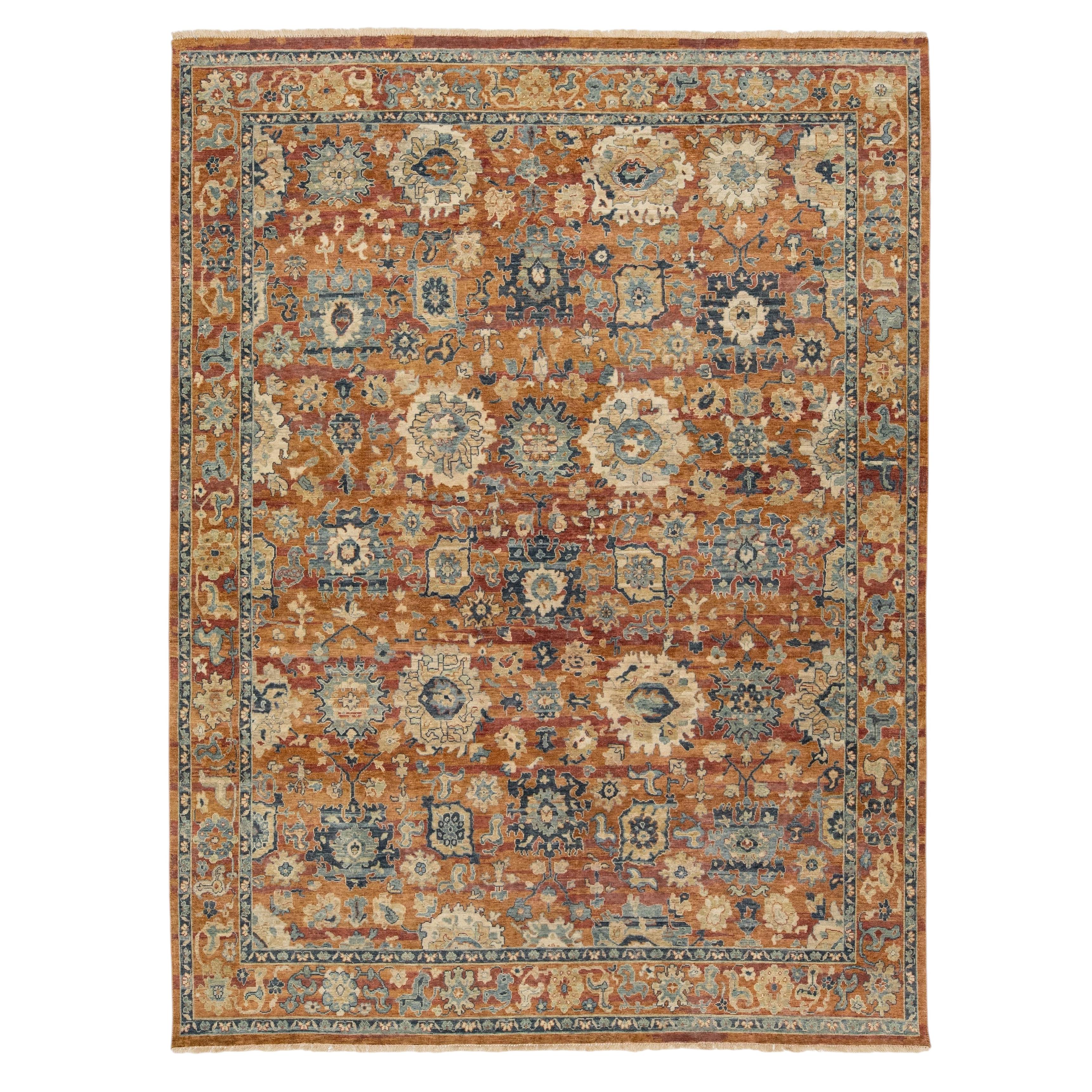 9 x 11 Hand-Knotted Modern Tabriz Style Wool Area Rug – Rust, Slate & Cream