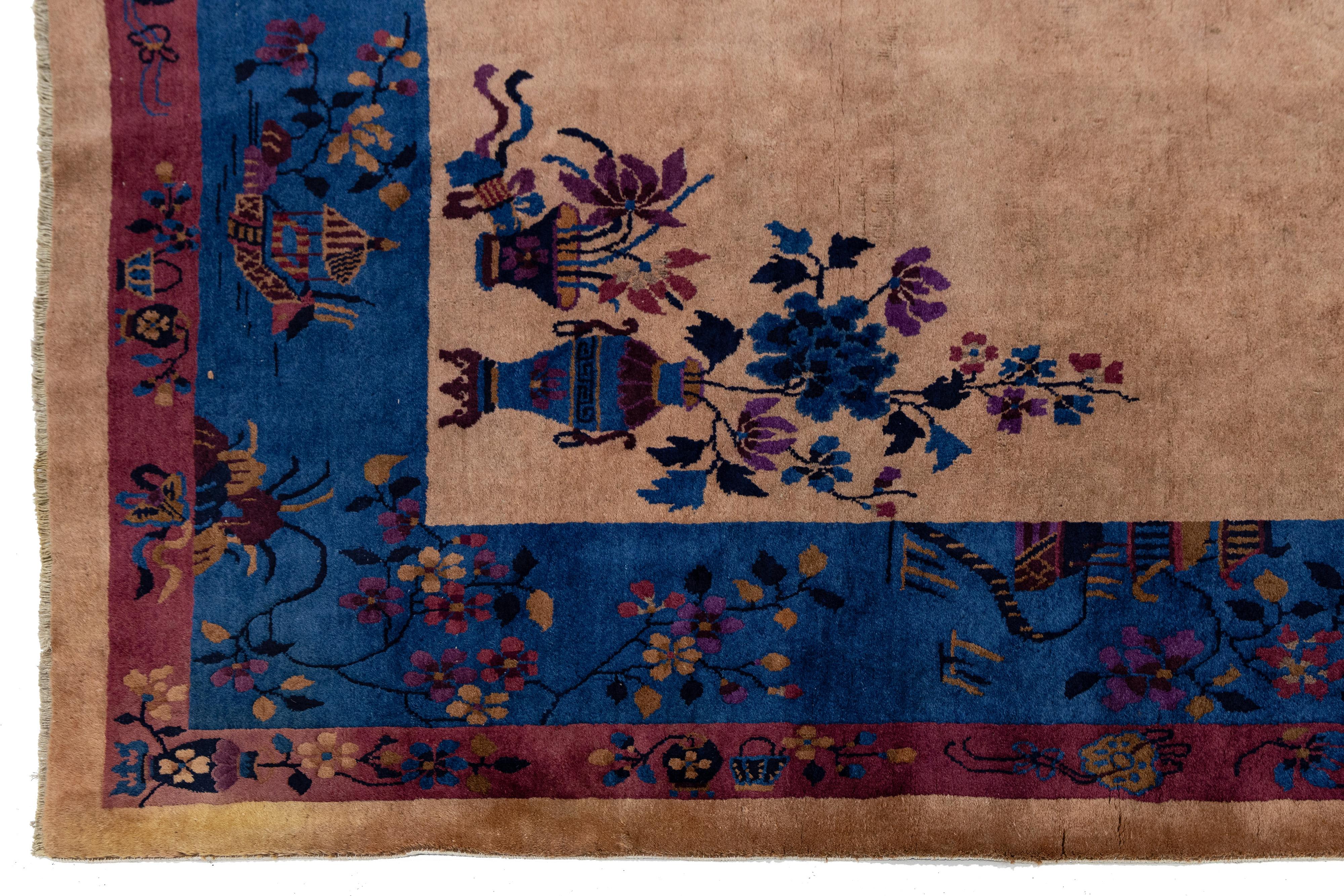 9 x 12 Antiker Art Deco Chinesischer Wollteppich  Handgefertigt in Braun mit floralem Muster (20. Jahrhundert) im Angebot