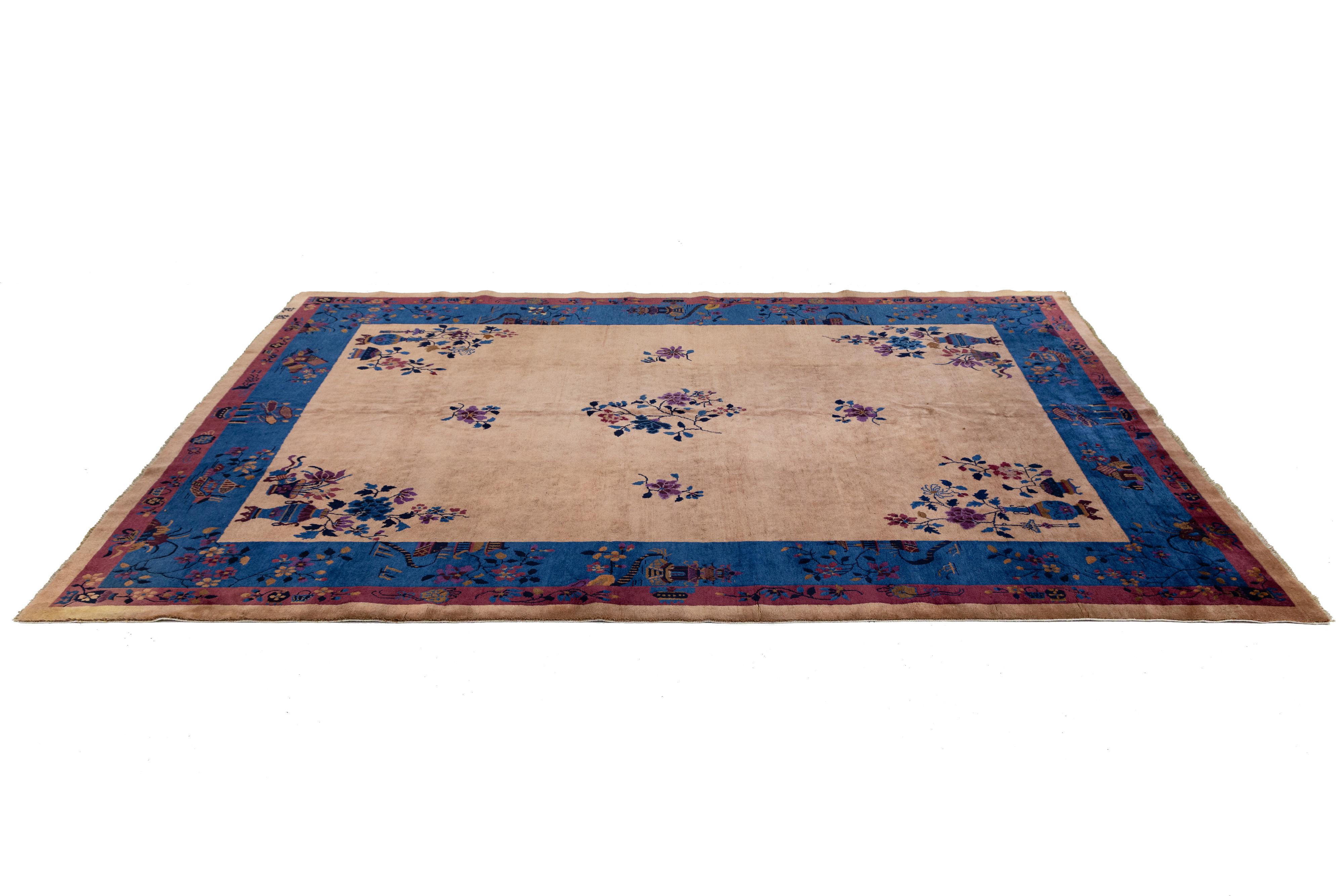 9 x 12 Antiker Art Deco Chinesischer Wollteppich  Handgefertigt in Braun mit floralem Muster im Angebot 2