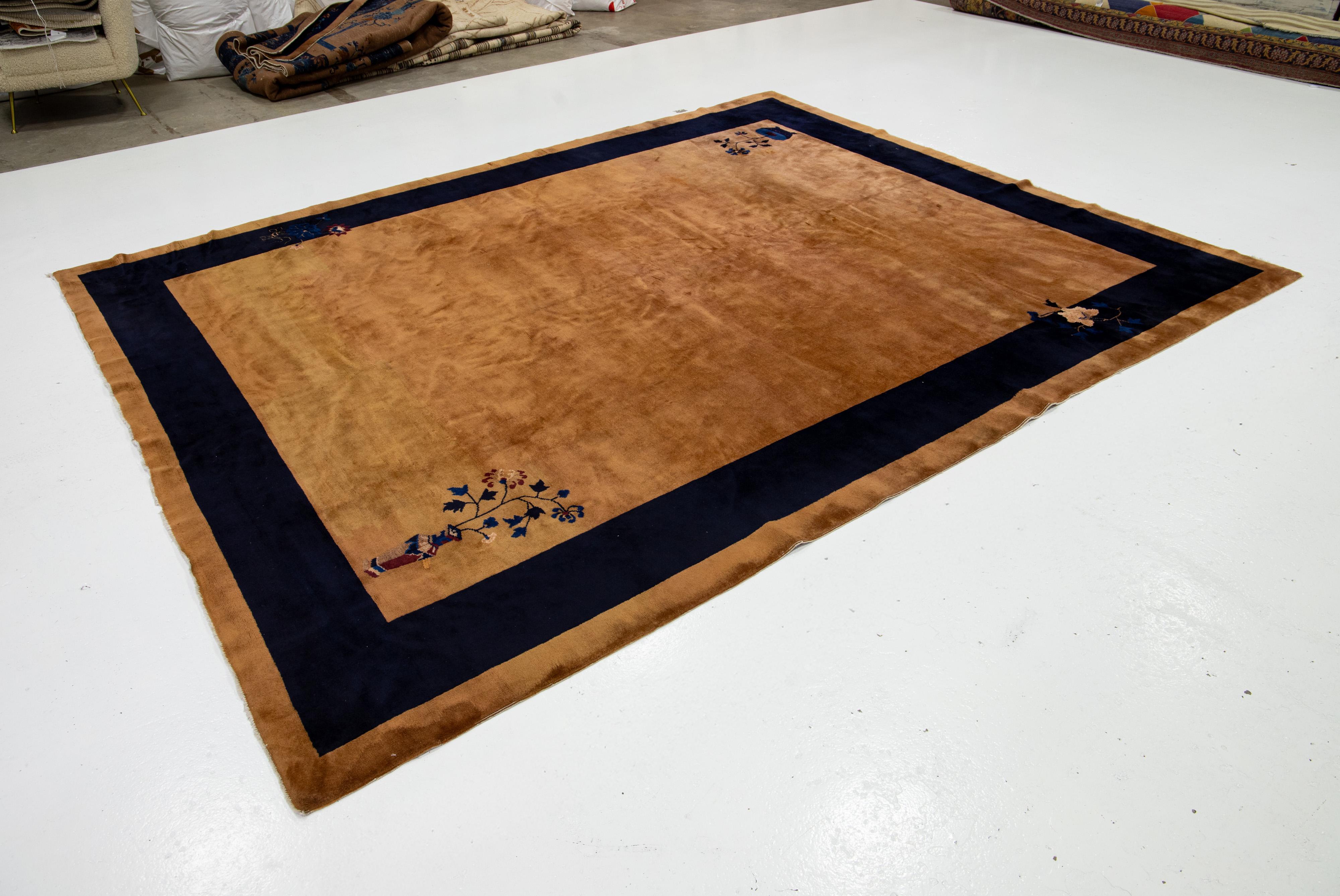 Art Déco 9 x 12 Tappeto di lana antico cinese Art Deco fatto a mano in colore arancione bronzo in vendita