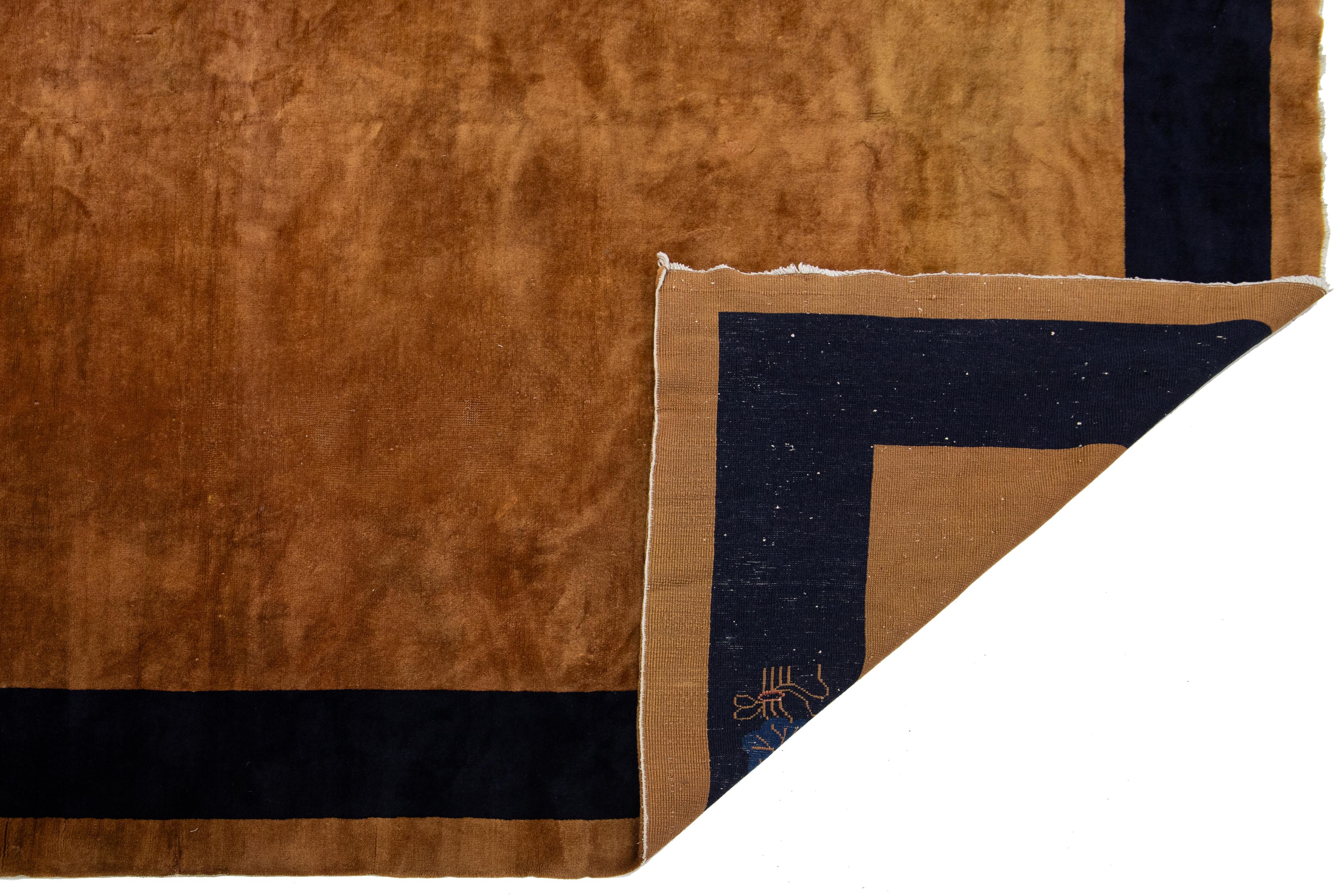 Annodato a mano 9 x 12 Tappeto di lana antico cinese Art Deco fatto a mano in colore arancione bronzo in vendita