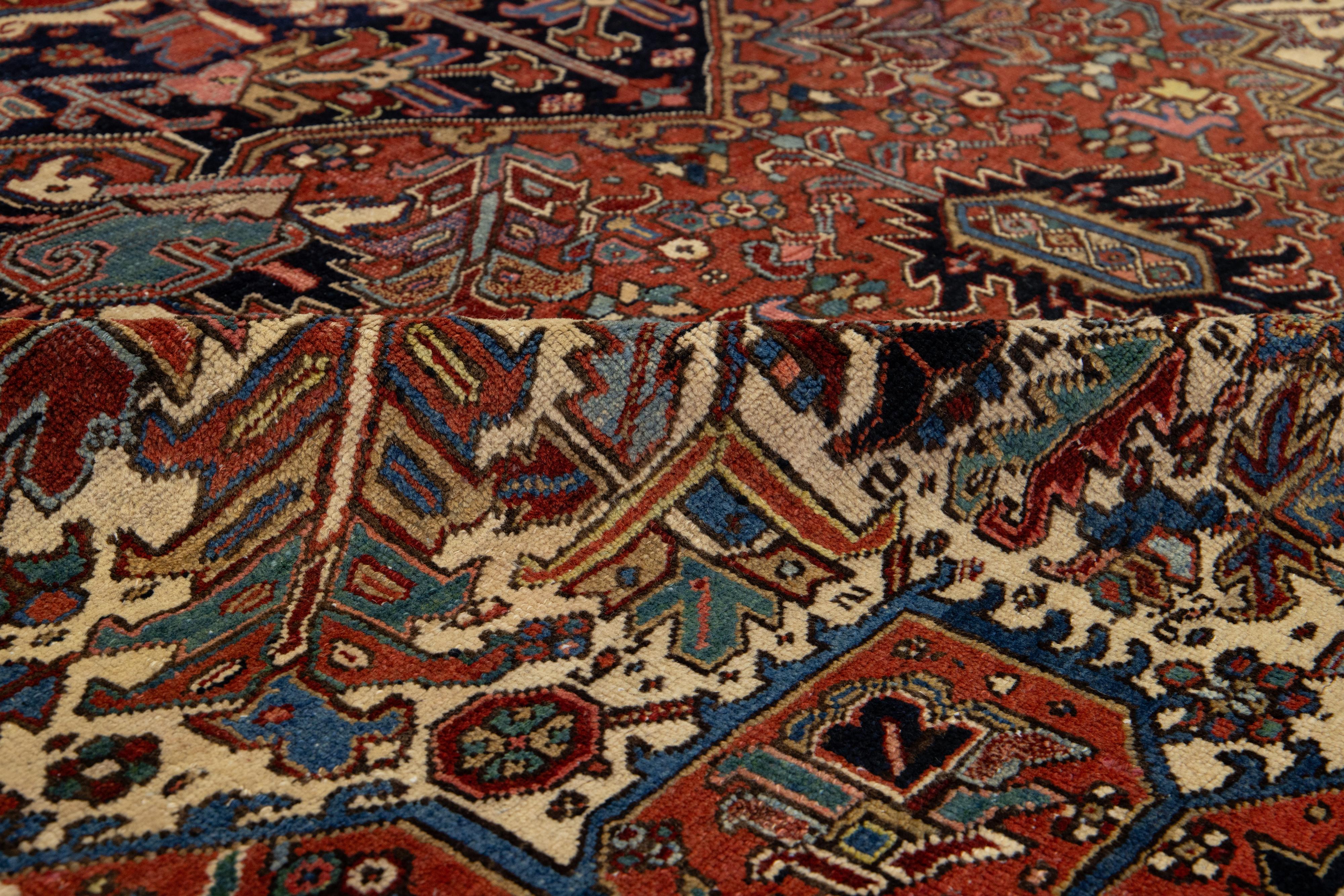 9 x 12 Antique Persian Heriz Red Wool Rug With Medallion Design For Sale 4