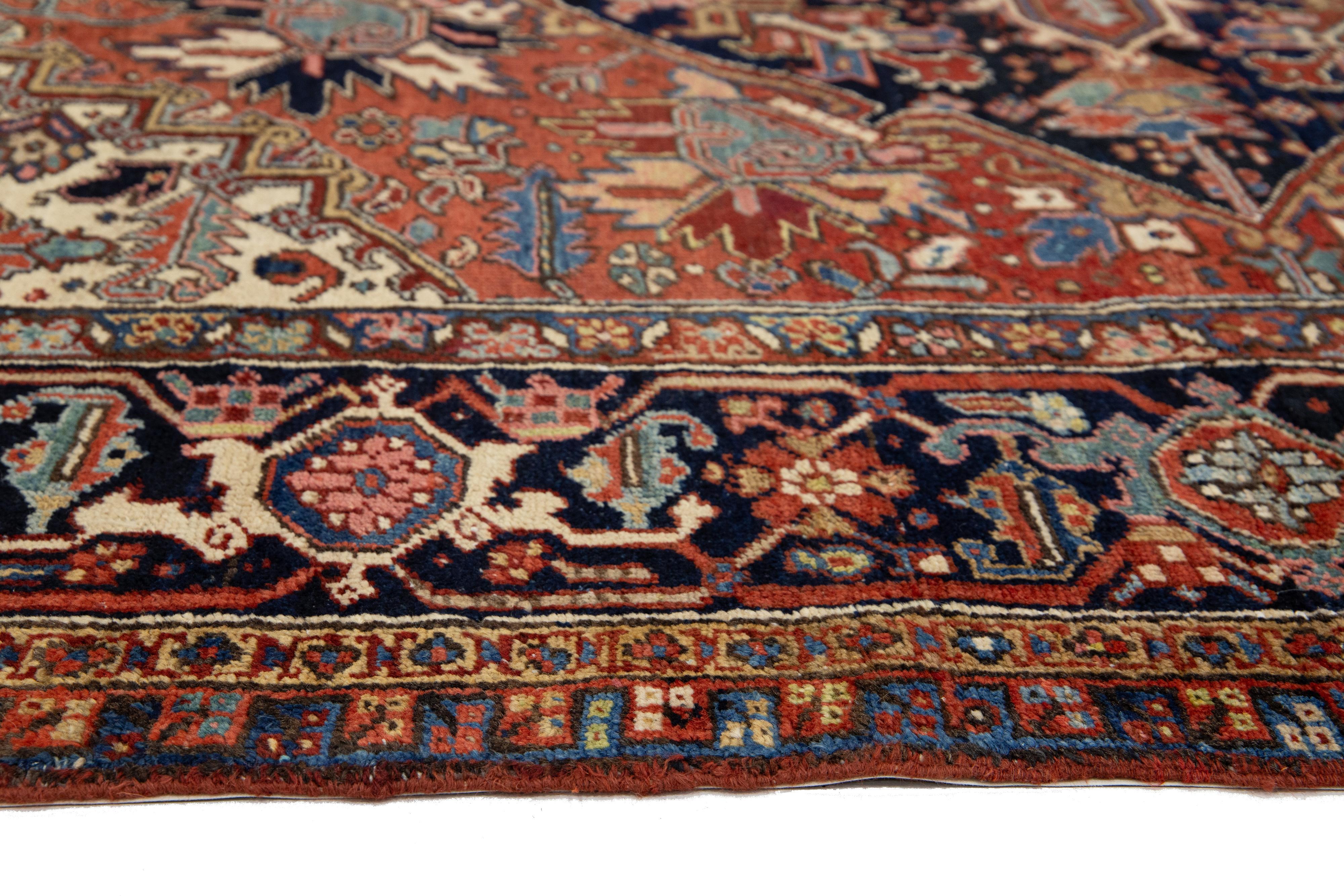 9 x 12 Antique Persian Heriz Red Wool Rug With Medallion Design For Sale 5