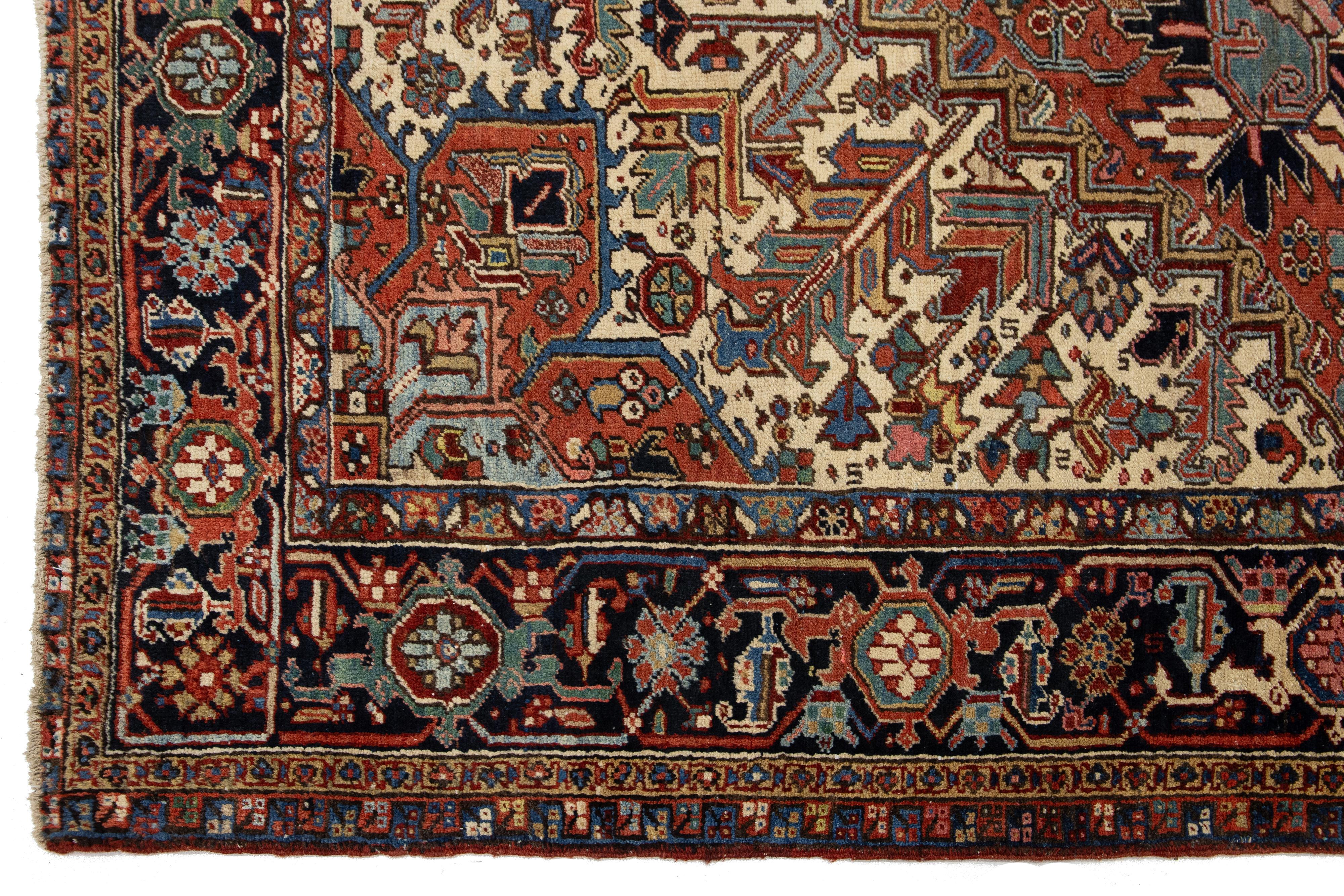 9 x 12 Antique Persian Heriz Red Wool Rug With Medallion Design For Sale 1