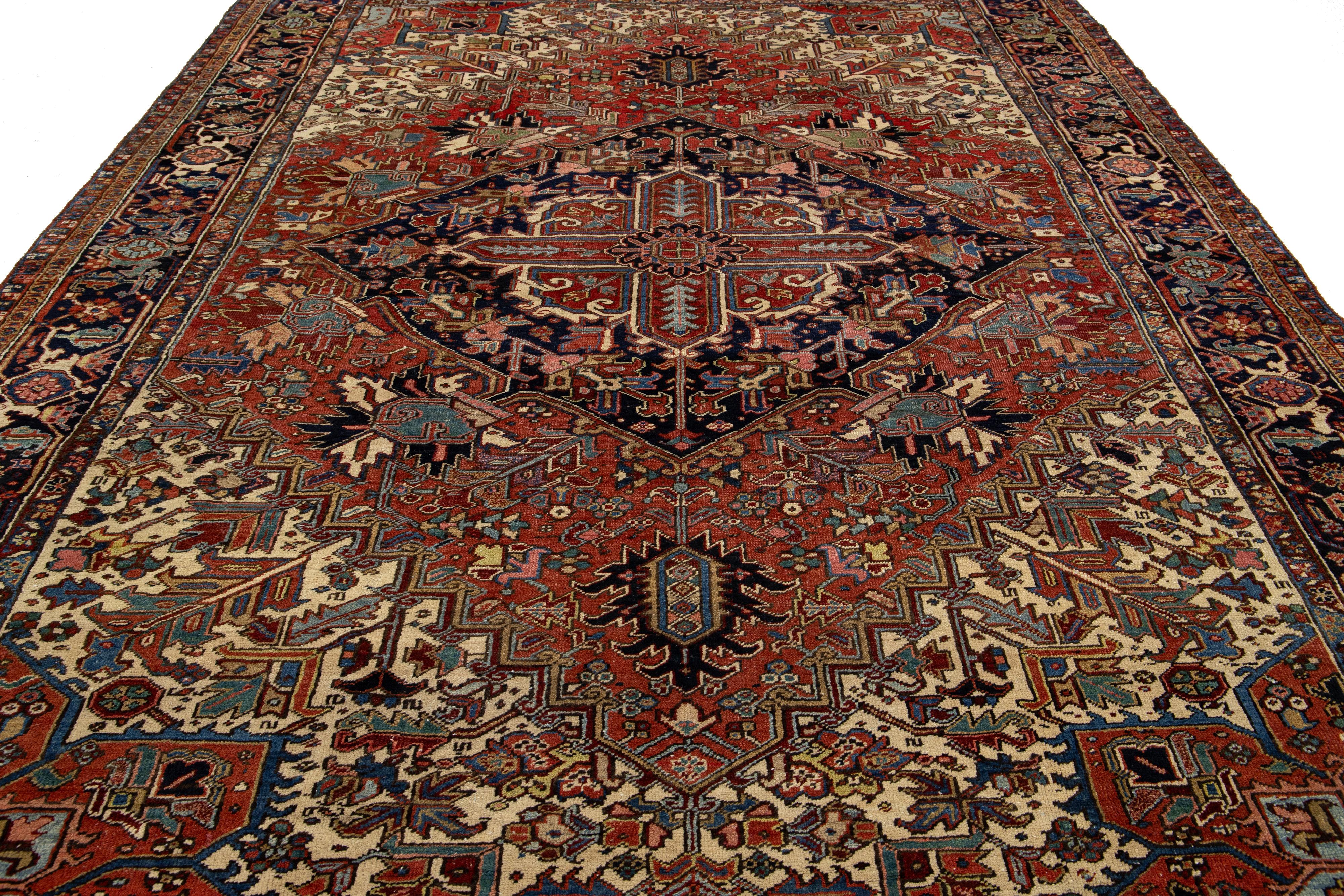 9 x 12 Antique Persian Heriz Red Wool Rug With Medallion Design For Sale 2
