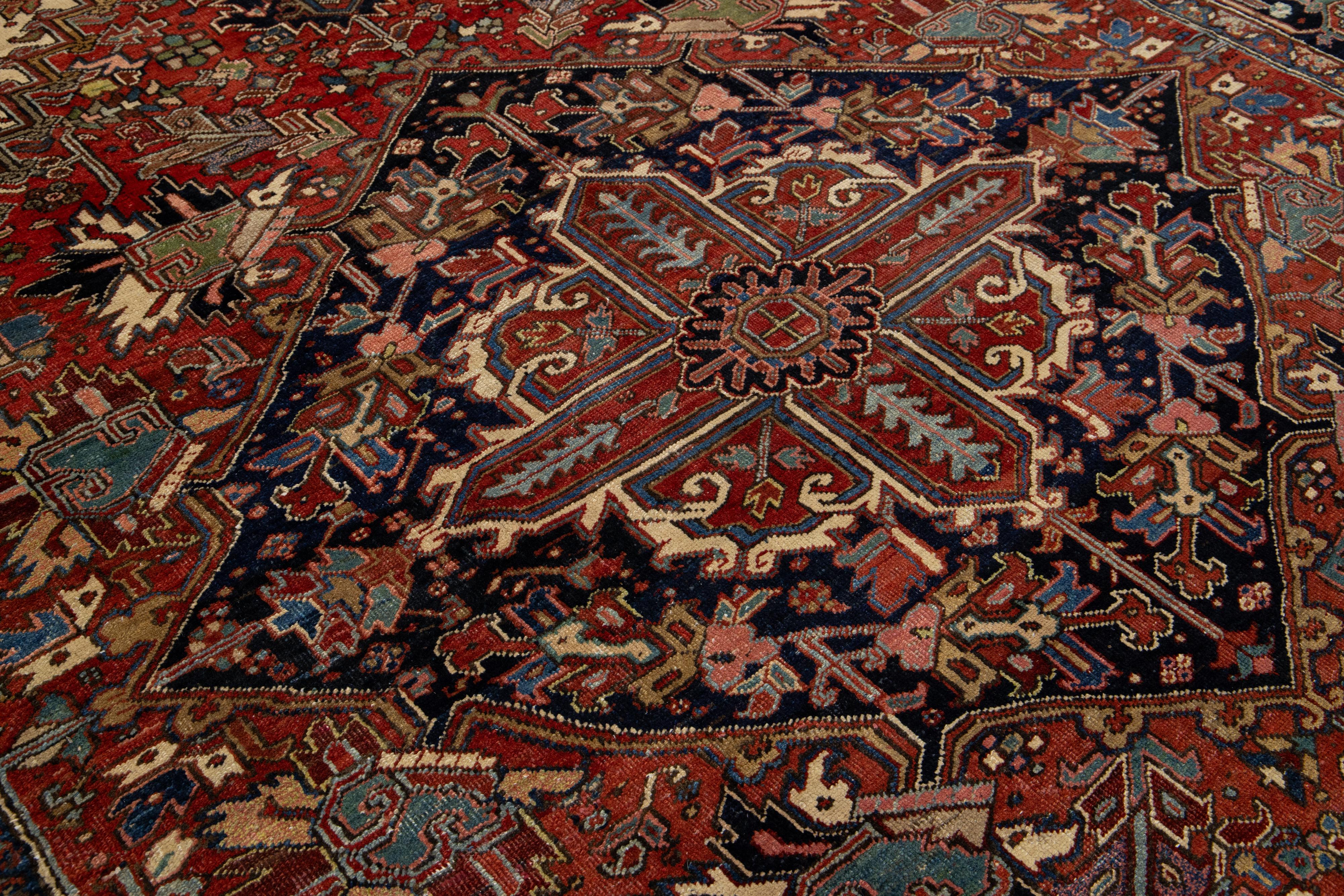9 x 12 Antique Persian Heriz Red Wool Rug With Medallion Design For Sale 3
