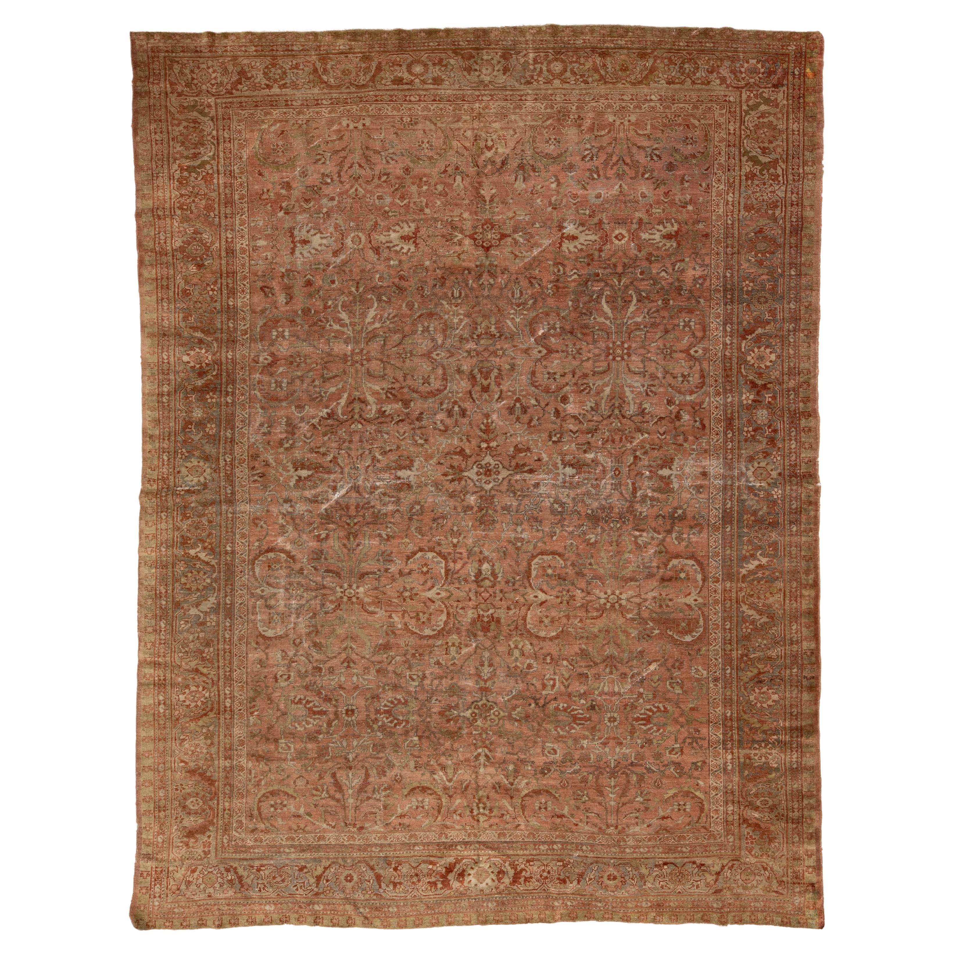 9 x 12 Antique Persian Mahal Hand-Knotted Wool Rug Distressed Mellow Terracotta For Sale