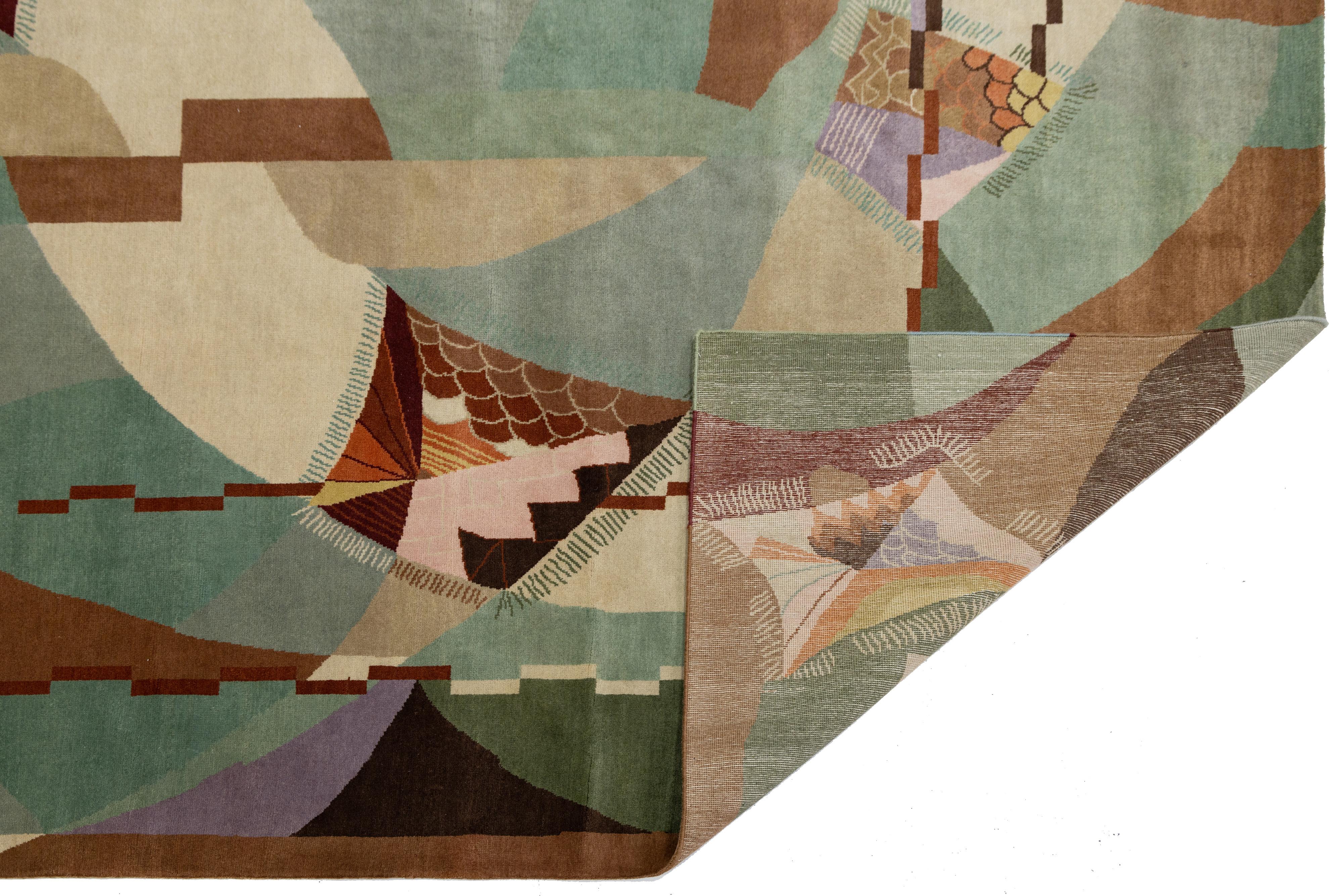 9 x 12 Art Deco Stil Grün Modern Handgefertigter Wollteppich (Moderne der Mitte des Jahrhunderts) im Angebot