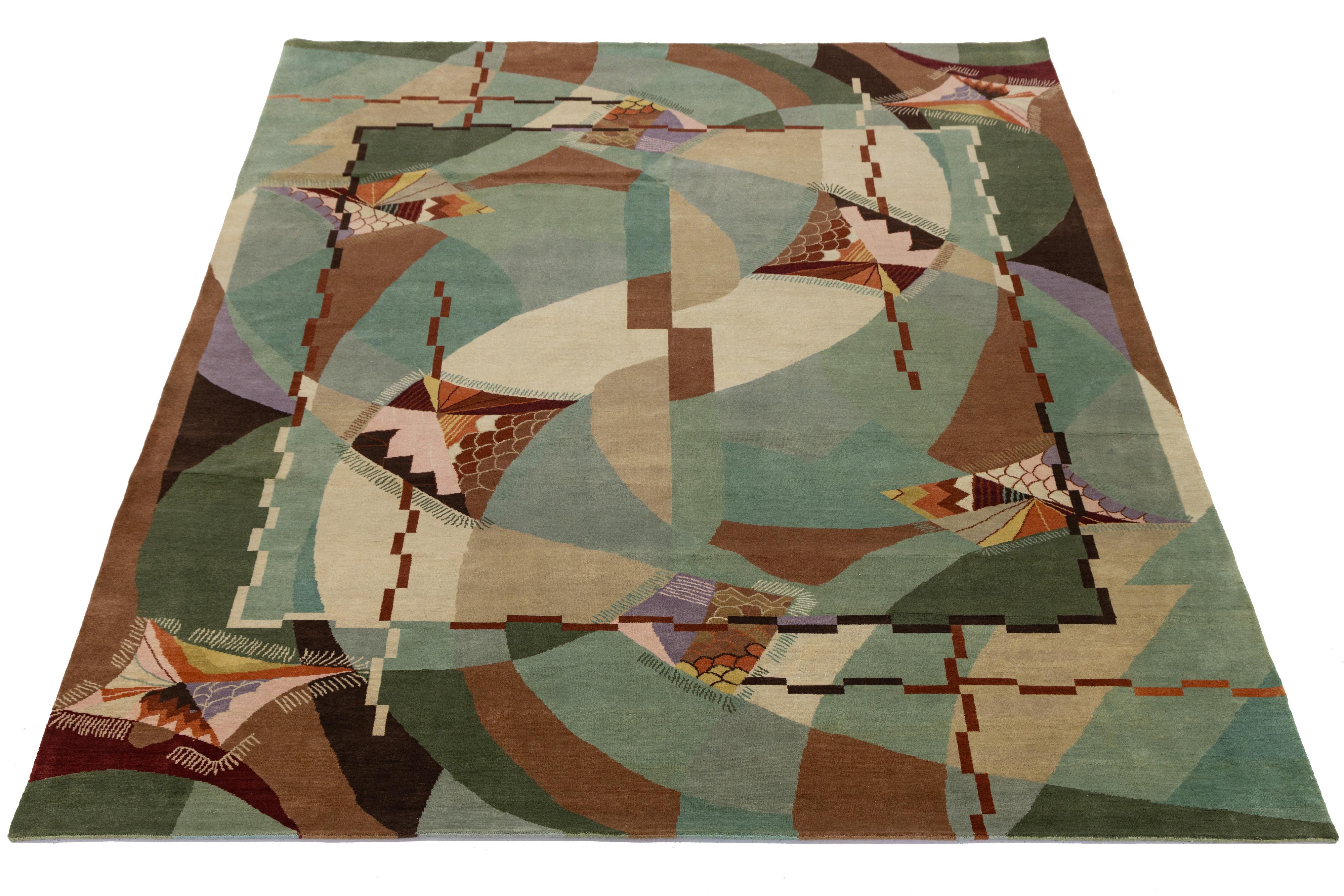 9 x 12 Art Deco Stil Grün Modern Handgefertigter Wollteppich (21. Jahrhundert und zeitgenössisch) im Angebot