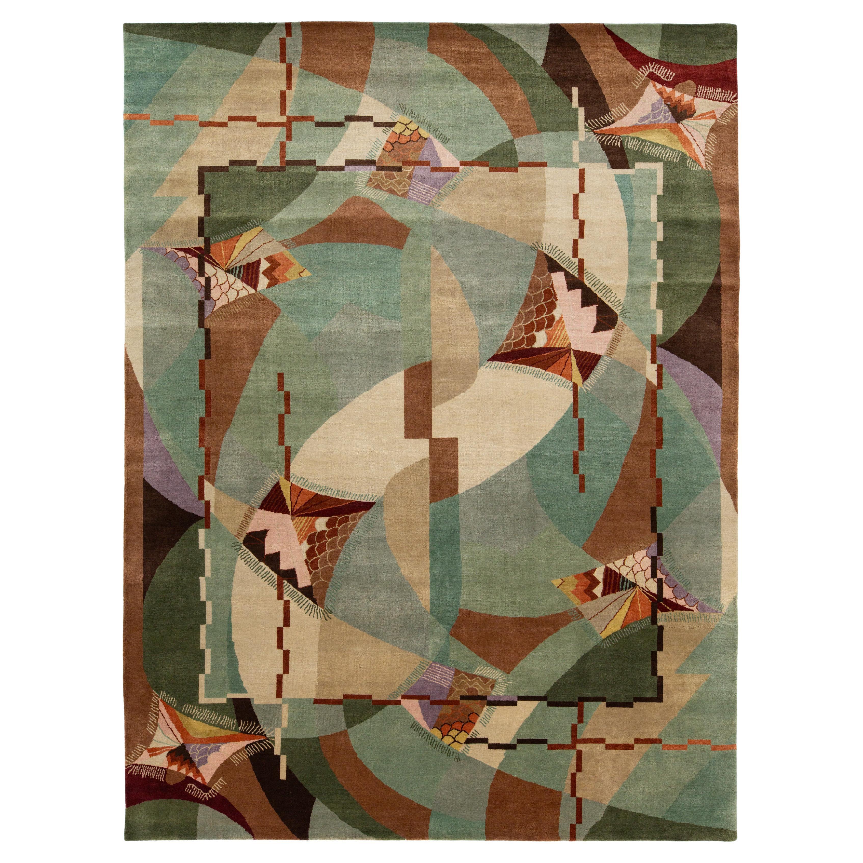 9 x 12 Art Deco Style Green Modern Handmade Wool Rug (tapis de laine)