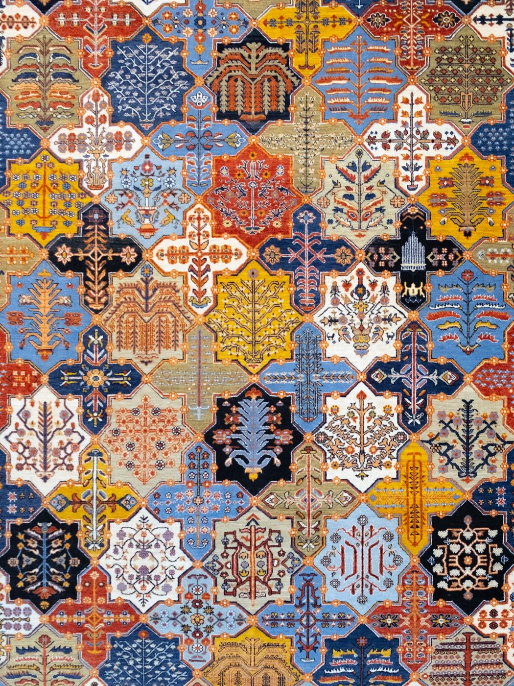 Tribal 9' x 12' Bakhtiari Garden Rug, Hand-Woven in Blue, Red, and Yellow Wool For Sale