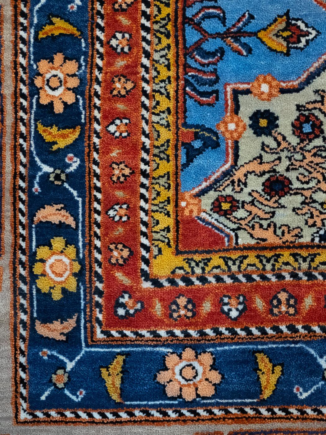 Indian 9' x 12' Bakhtiari Garden Rug, Hand-Woven in Blue, Red, and Yellow Wool For Sale