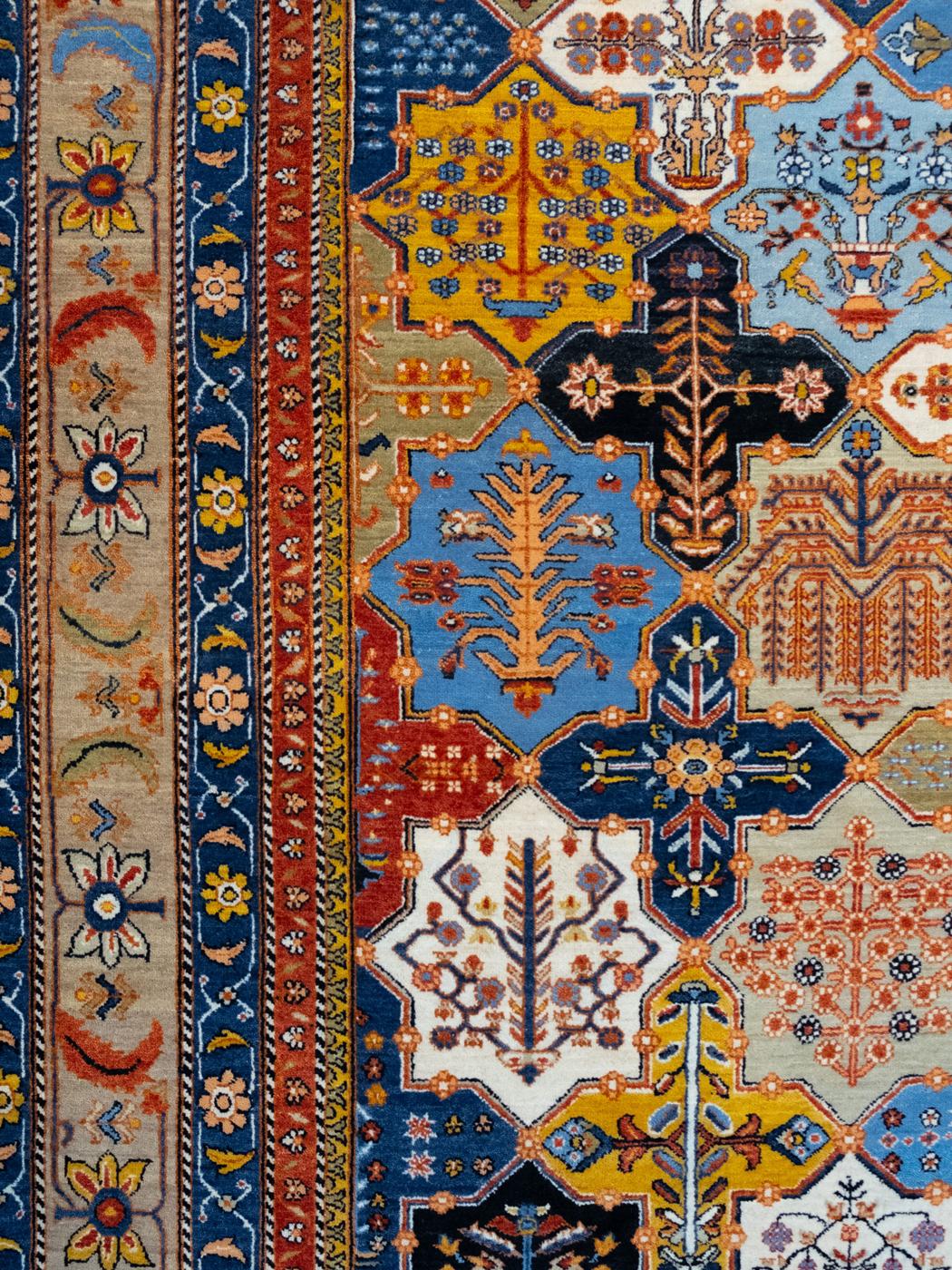 9' x 12' Bakhtiari Garden Rug, Hand-Woven in Blue, Red, and Yellow Wool In New Condition For Sale In New York, NY