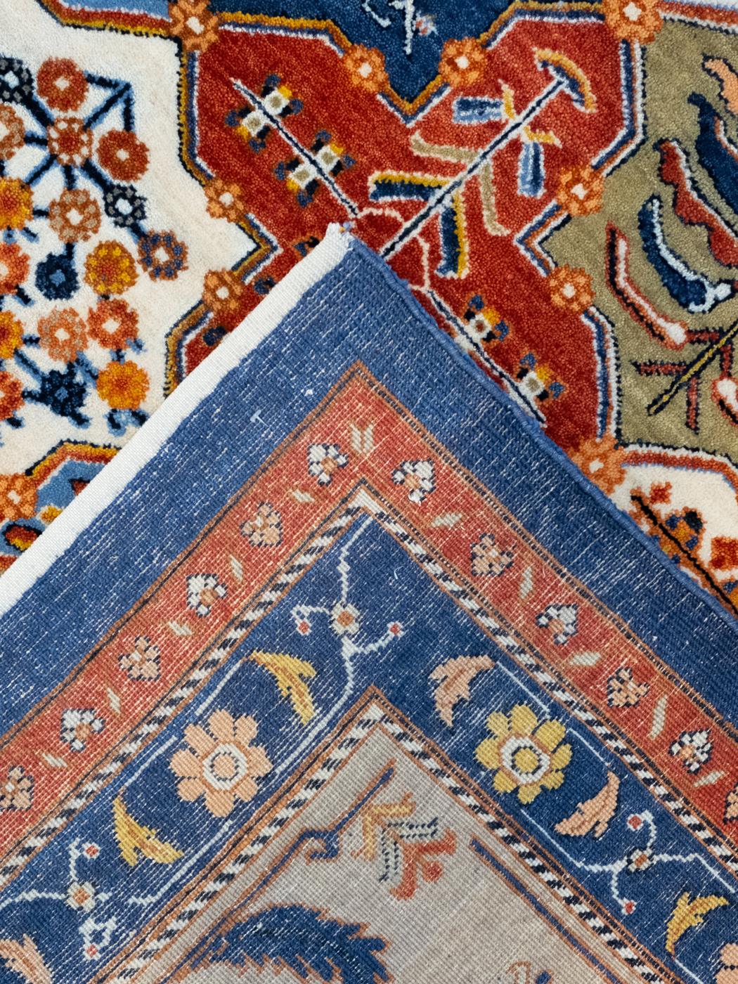 9' x 12' Bakhtiari Garden Rug, Hand-Woven in Blue, Red, and Yellow Wool For Sale 2
