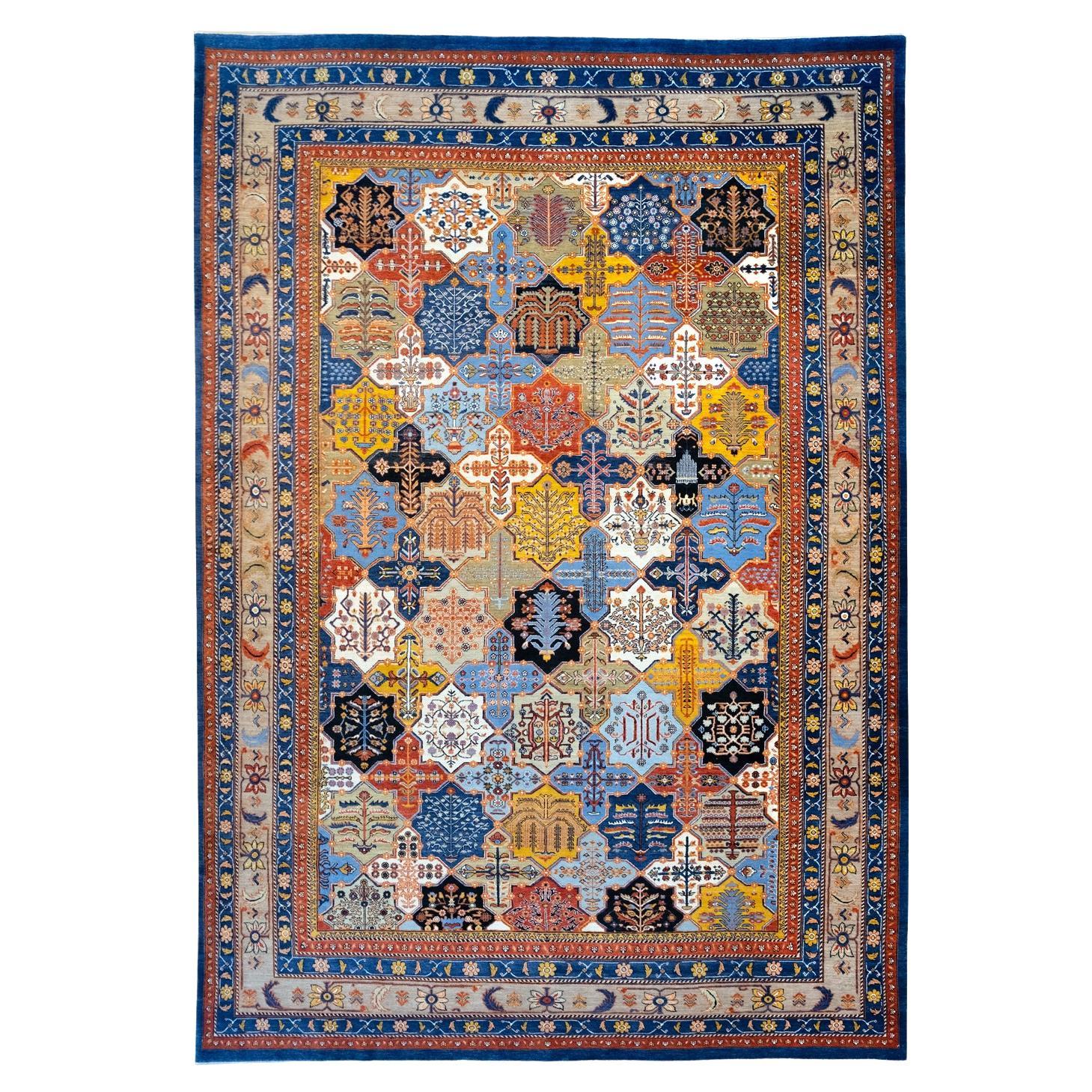 9' x 12' Bakhtiari Garden Rug, Hand-Woven in Blue, Red, and Yellow Wool For Sale
