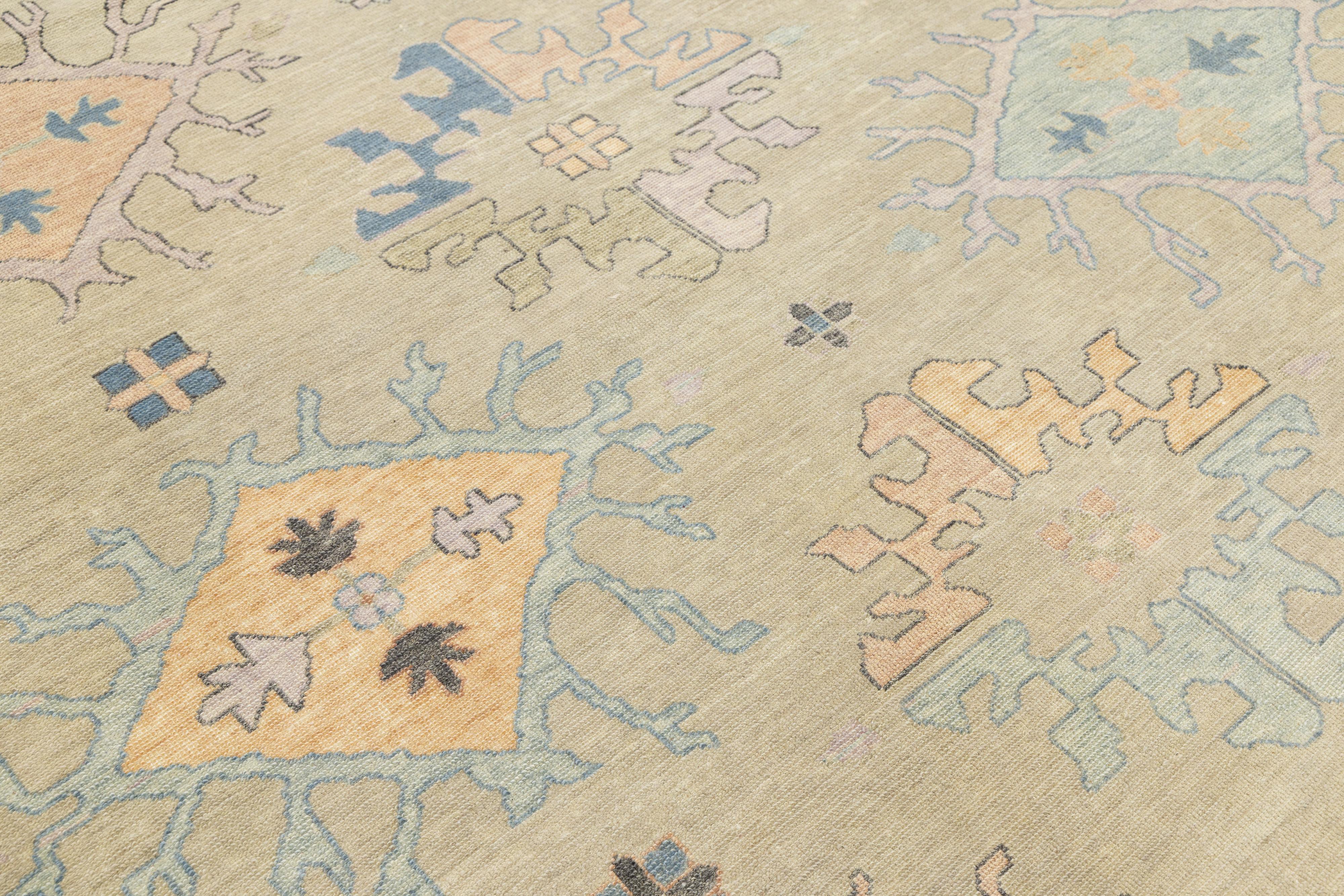 9 x 12 Tappeto di lana beige in stile Oushak floreale contemporaneo con disegno a trifoglio in vendita 3