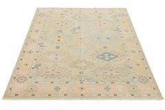 9 x 12 Contemporary Floral Oushak Style Beige Wool Rug With Allover Design
