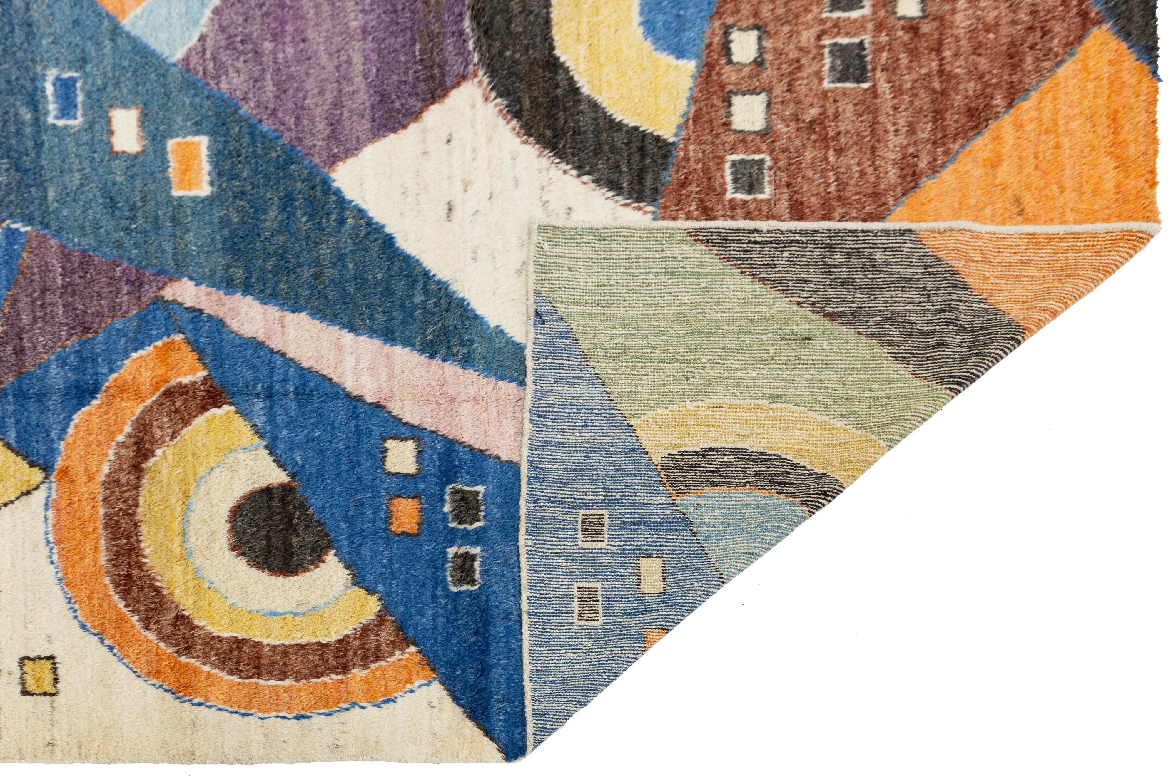 Moderno Tappeto in lana in stile marocchino 9 x 12, multicolore e con design Art Deco in vendita
