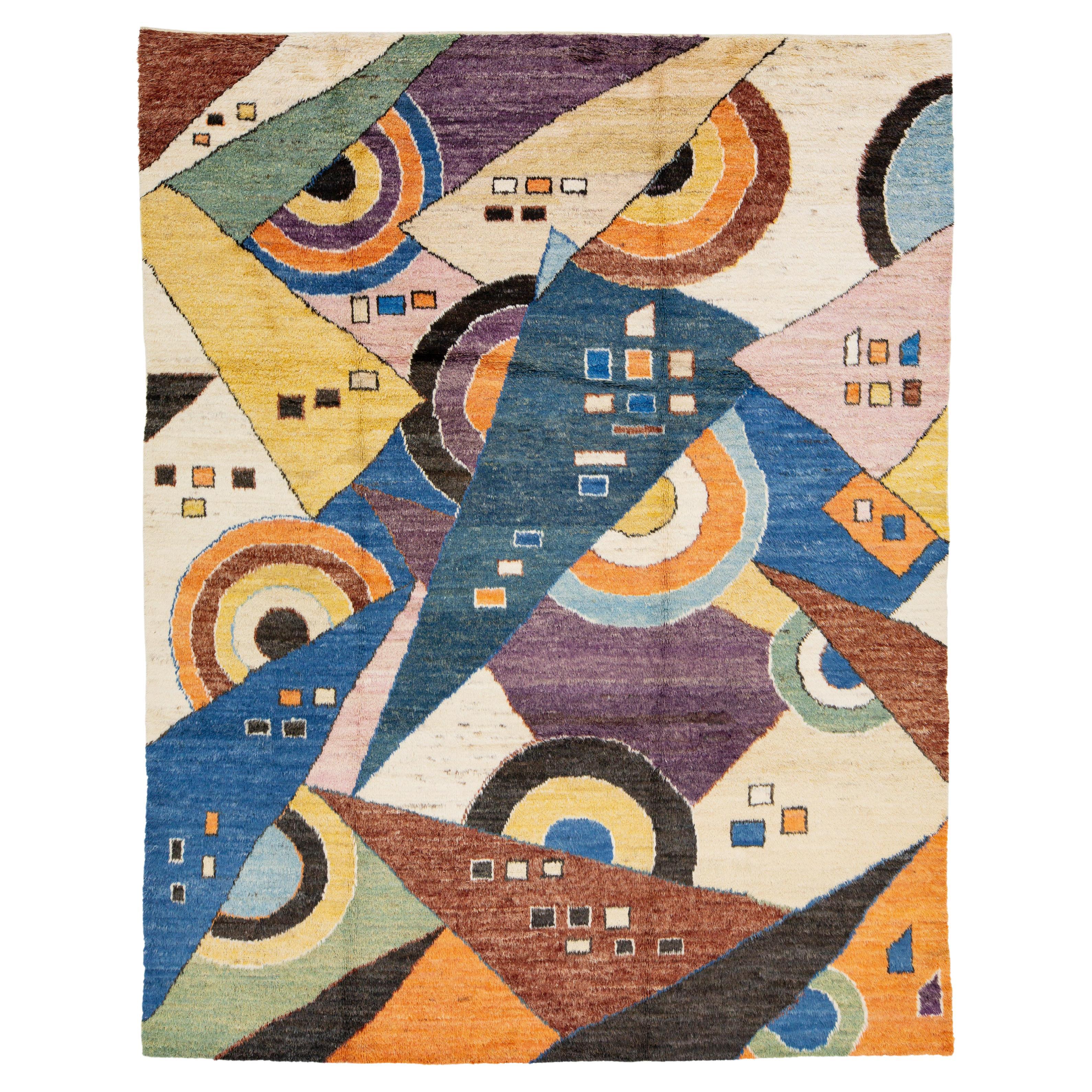 Tappeto in lana in stile marocchino 9 x 12, multicolore e con design Art Deco in vendita