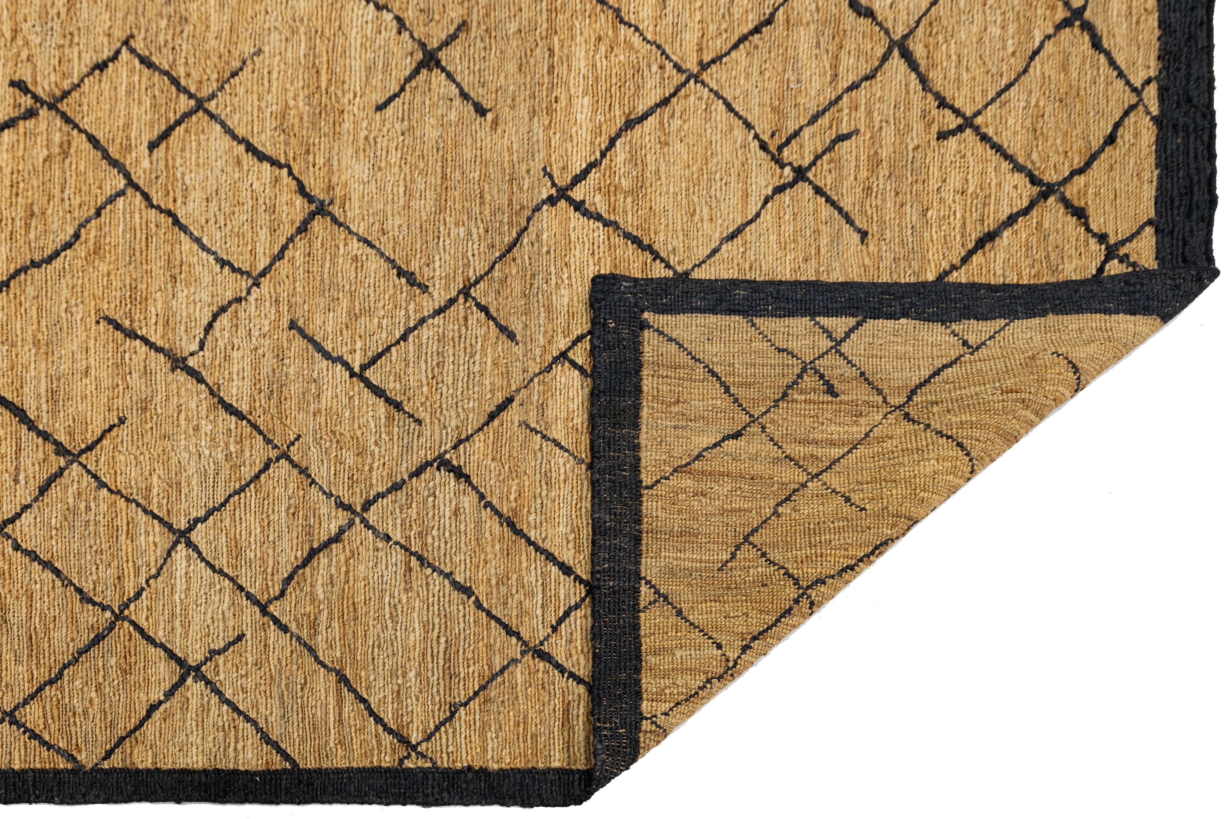 Organic Modern 9 x 12 Contemporary Soumak Handmade Geometric Jute Rug In Tan Color For Sale