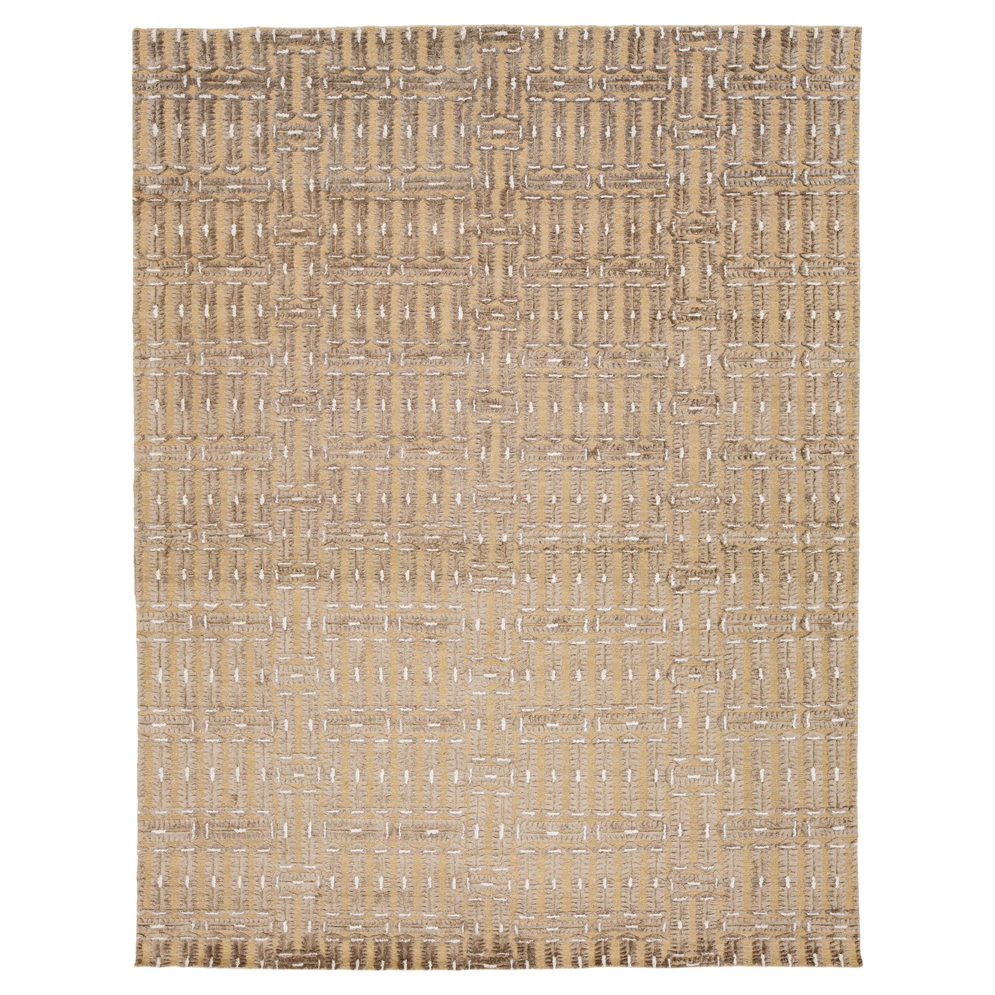 9 x 12 Contemporary Soumak Tan Wool And Jute Rug Handmade Geometric