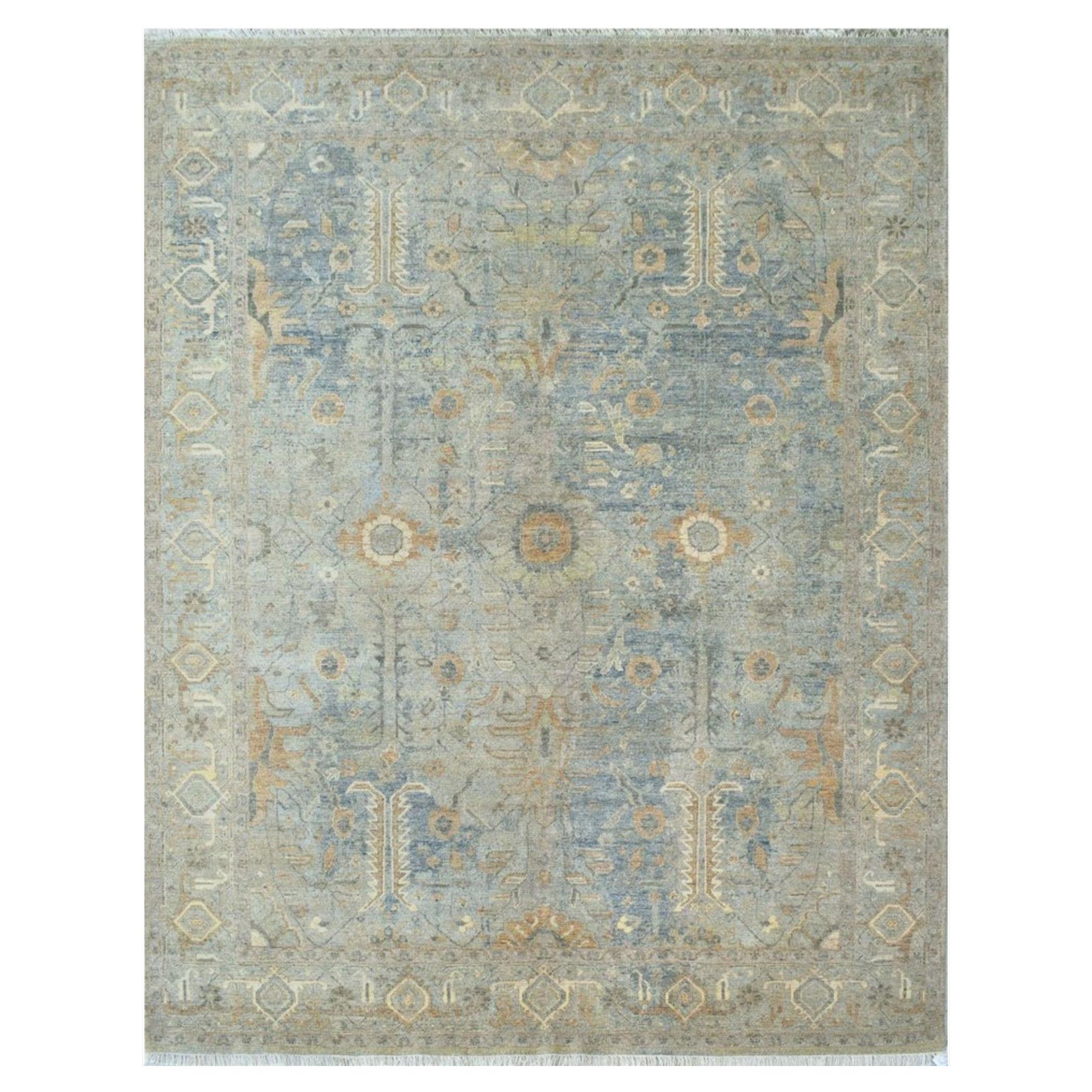 9' x 12' Hand-Knotted Indian Wool Rug with Ancient Tribal-Inspired Motifs in Mis
