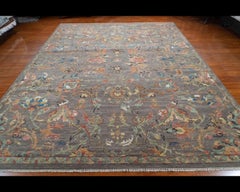 9' x 12' Hand-Knotted Indian Wool Rug with Regal Floral Vine Design in Charcoal