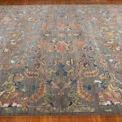 9' x 12' Hand-Knotted Indian Wool Rug with Regal Floral Vine Design in Charcoal