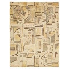 9 x 12 Hand-Knotted Modern Abstract Cubist Wool Area Rug – Earthy Ochre 
Stone