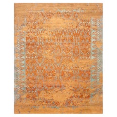 9' x 12' Hand-Knotted Nepalese Wool and Silk Rug in Burnt Amber and Silver Distr