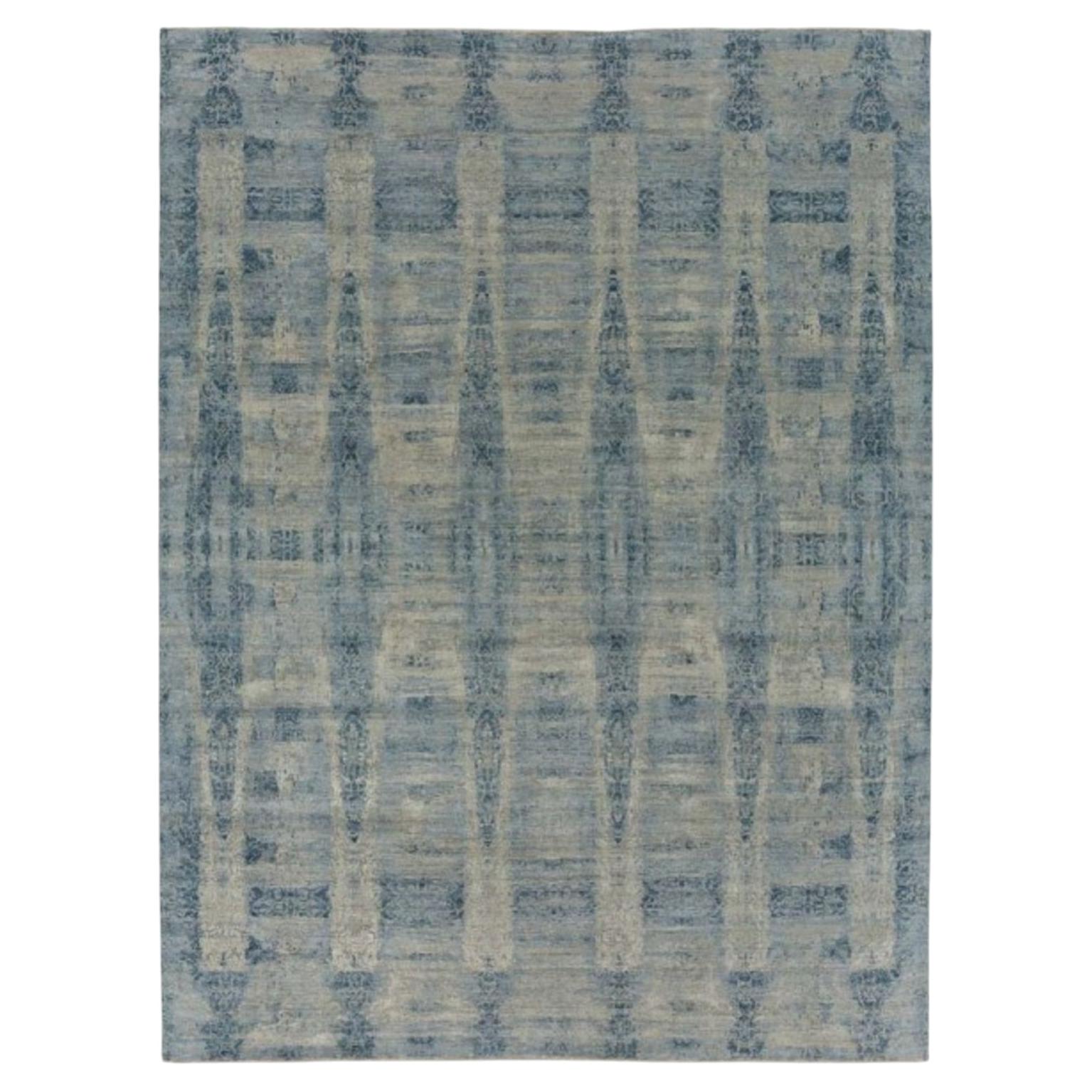 9' x 12' Hand-Knotted Wool and Silk Bouvet Rug in Soft Blue and Neutral Tones