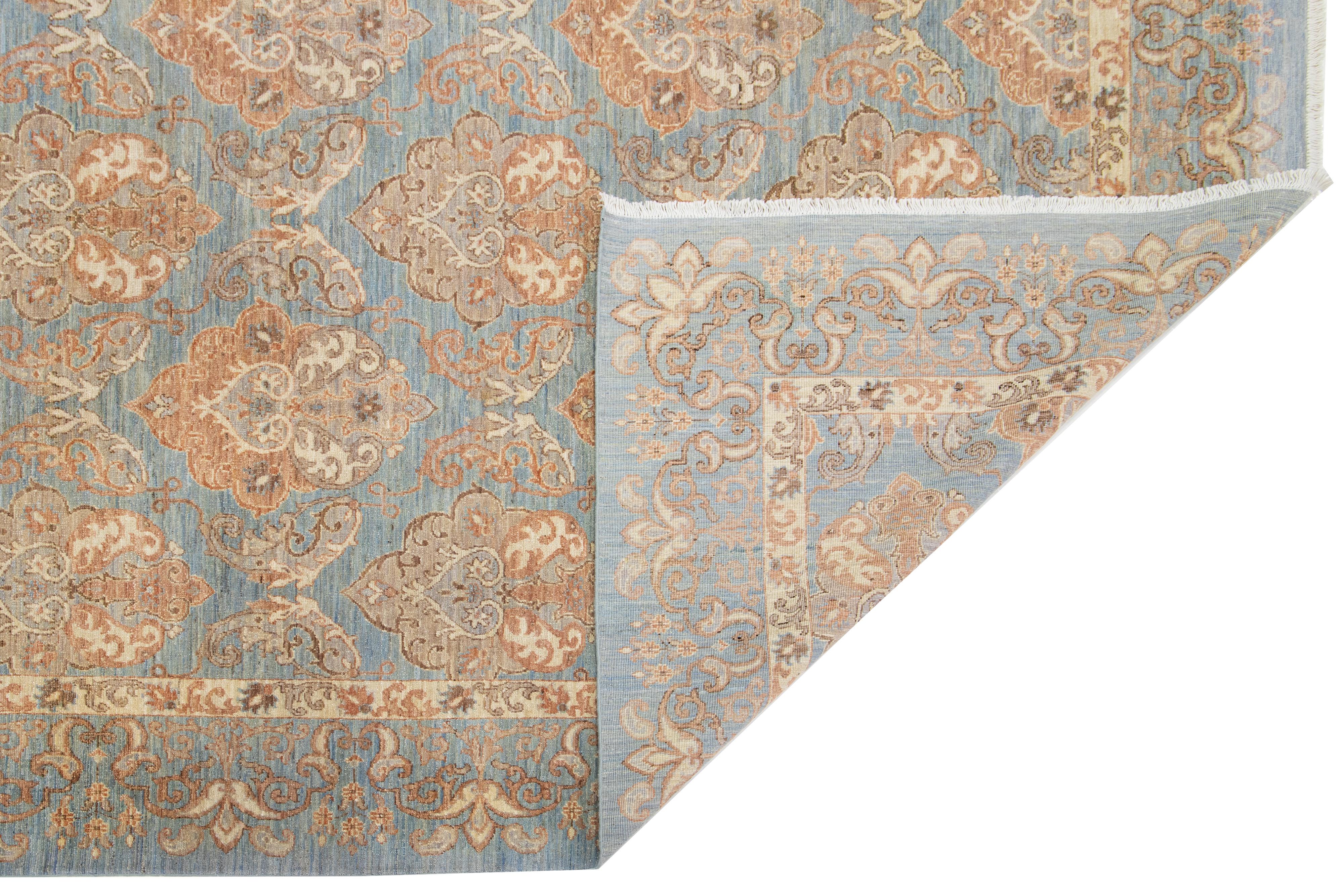 Pakistani 9 x 12 Handmade Modern Designed Oushak Style Blue Wool Rug For Sale