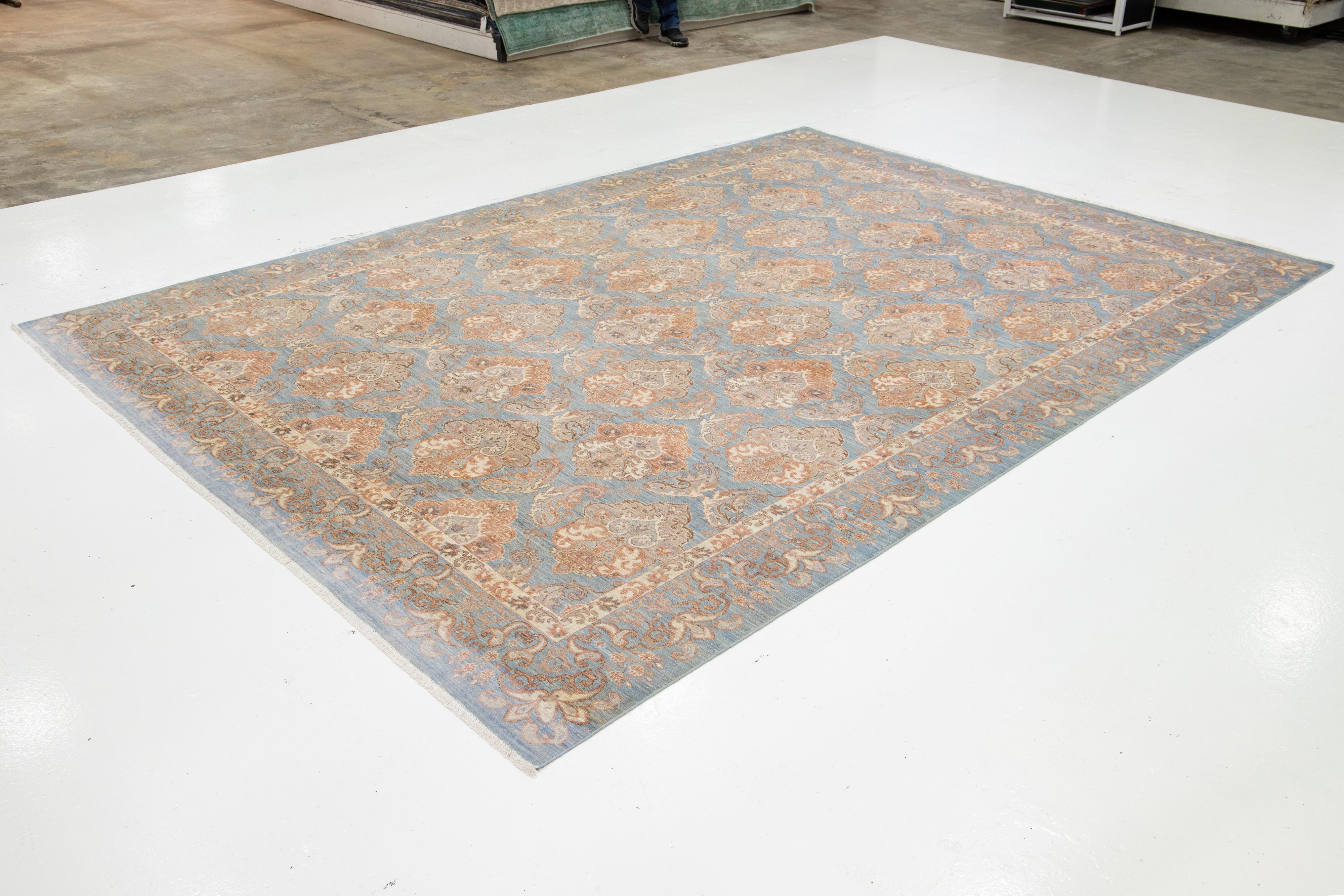Hand-Knotted 9 x 12 Handmade Modern Designed Oushak Style Blue Wool Rug For Sale