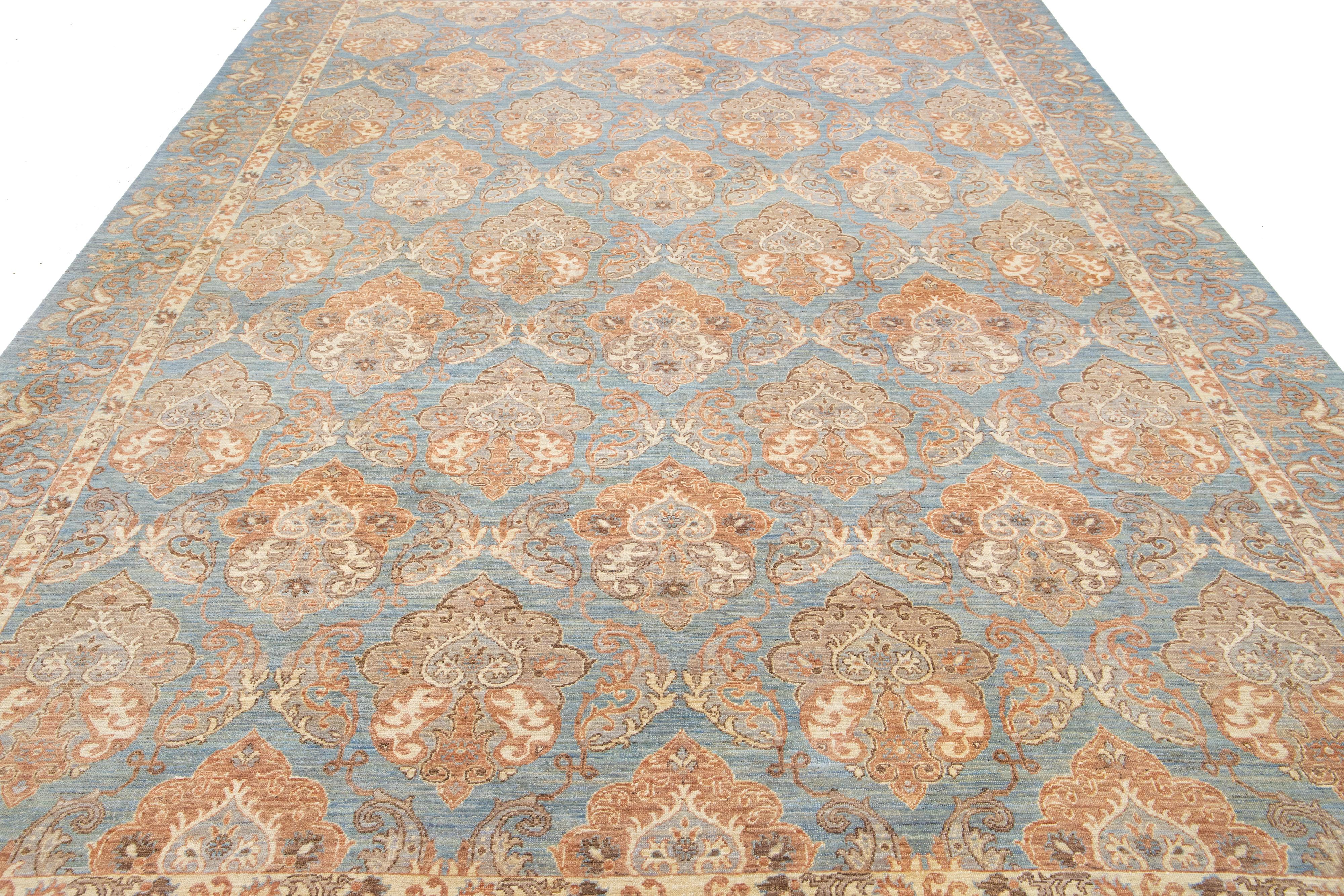9 x 12 Handmade Modern Designed Oushak Style Blue Wool Rug For Sale 1