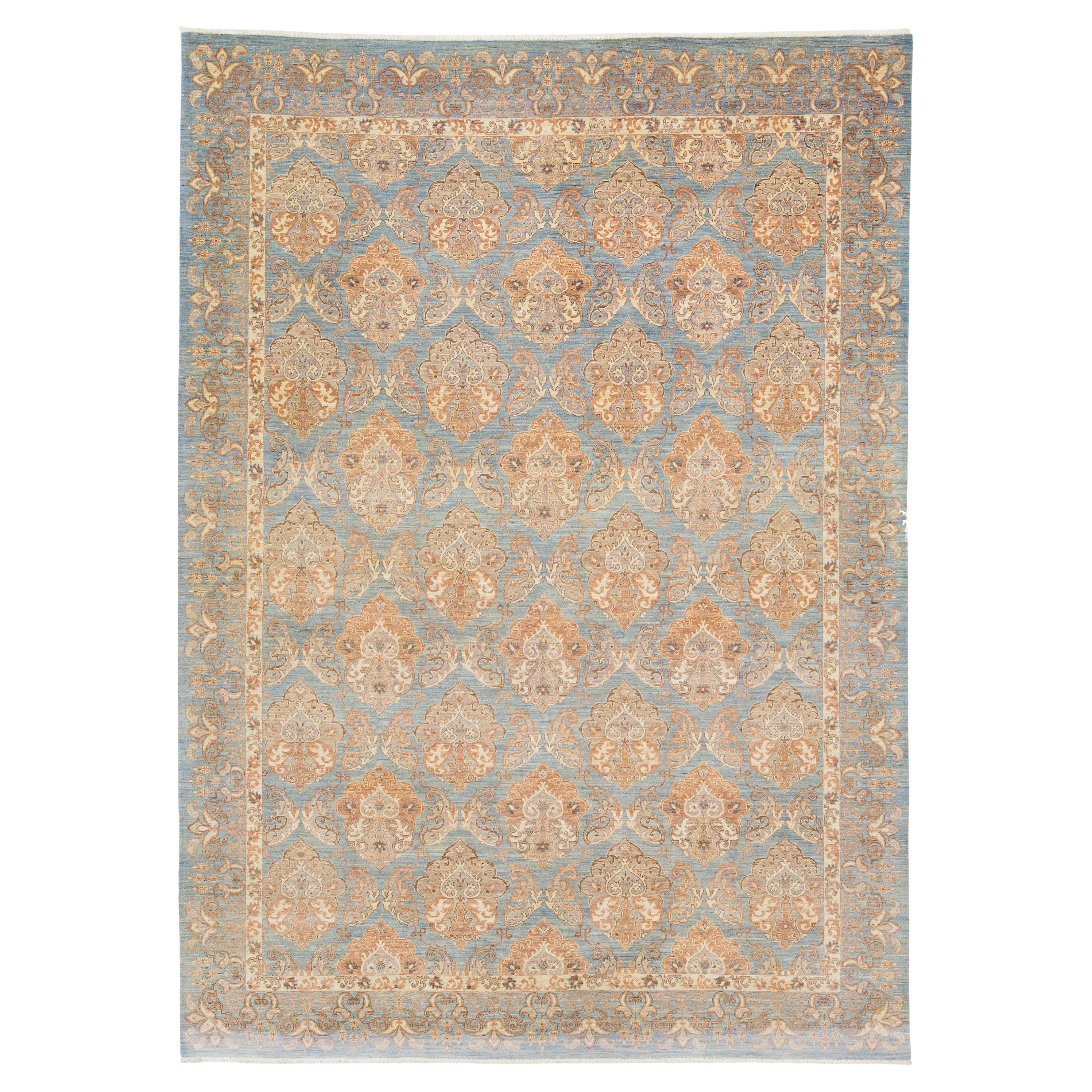 9 x 12 Handmade Modern Designed Oushak Style Blue Wool Rug