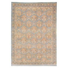 9 x 12 Handmade Modern Designed Oushak Style Blue Wool Rug