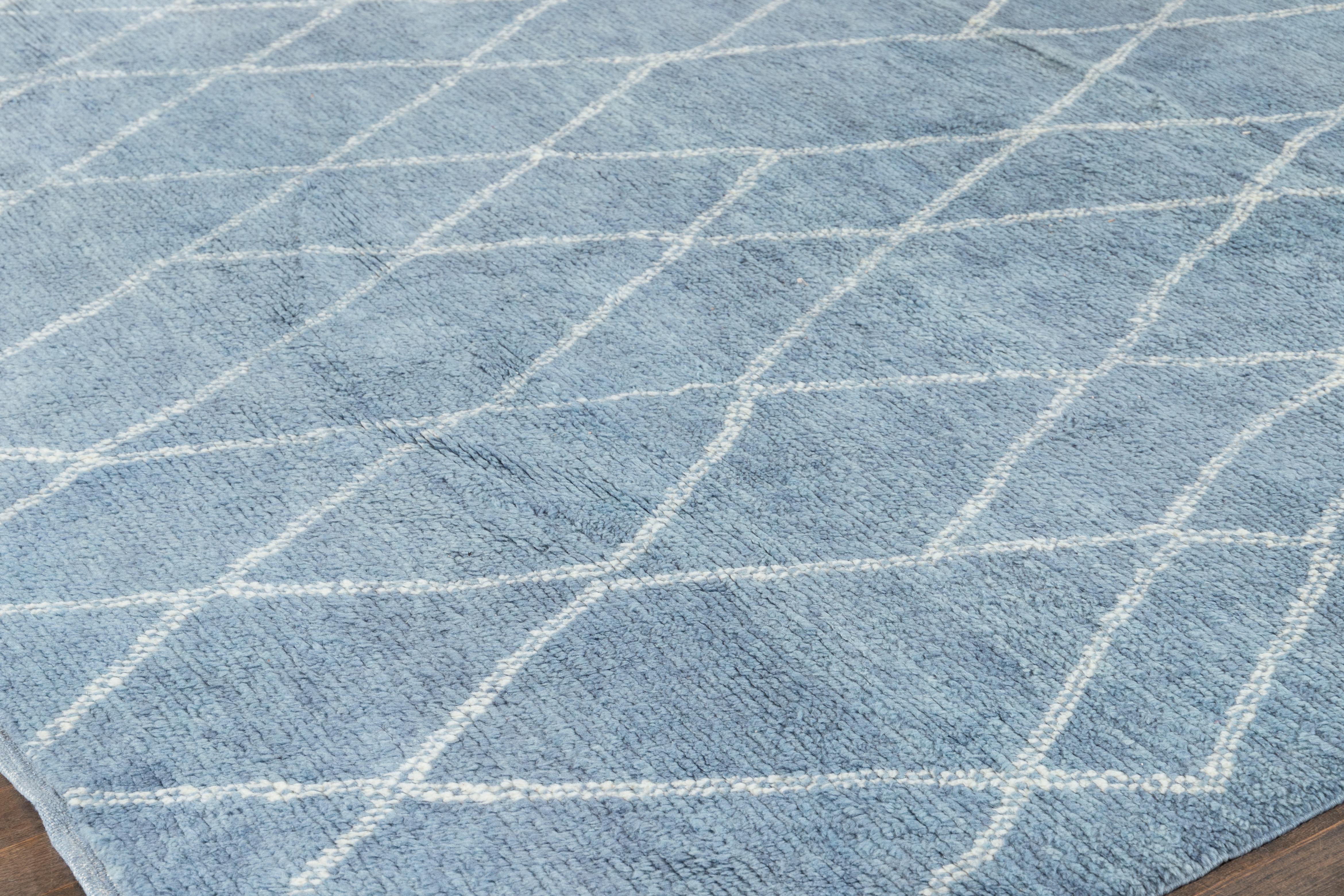 9 x 12 Azul claro Alfombra moderna de lana de estilo marroquí con diseño tribal Moderno orgánico en venta
