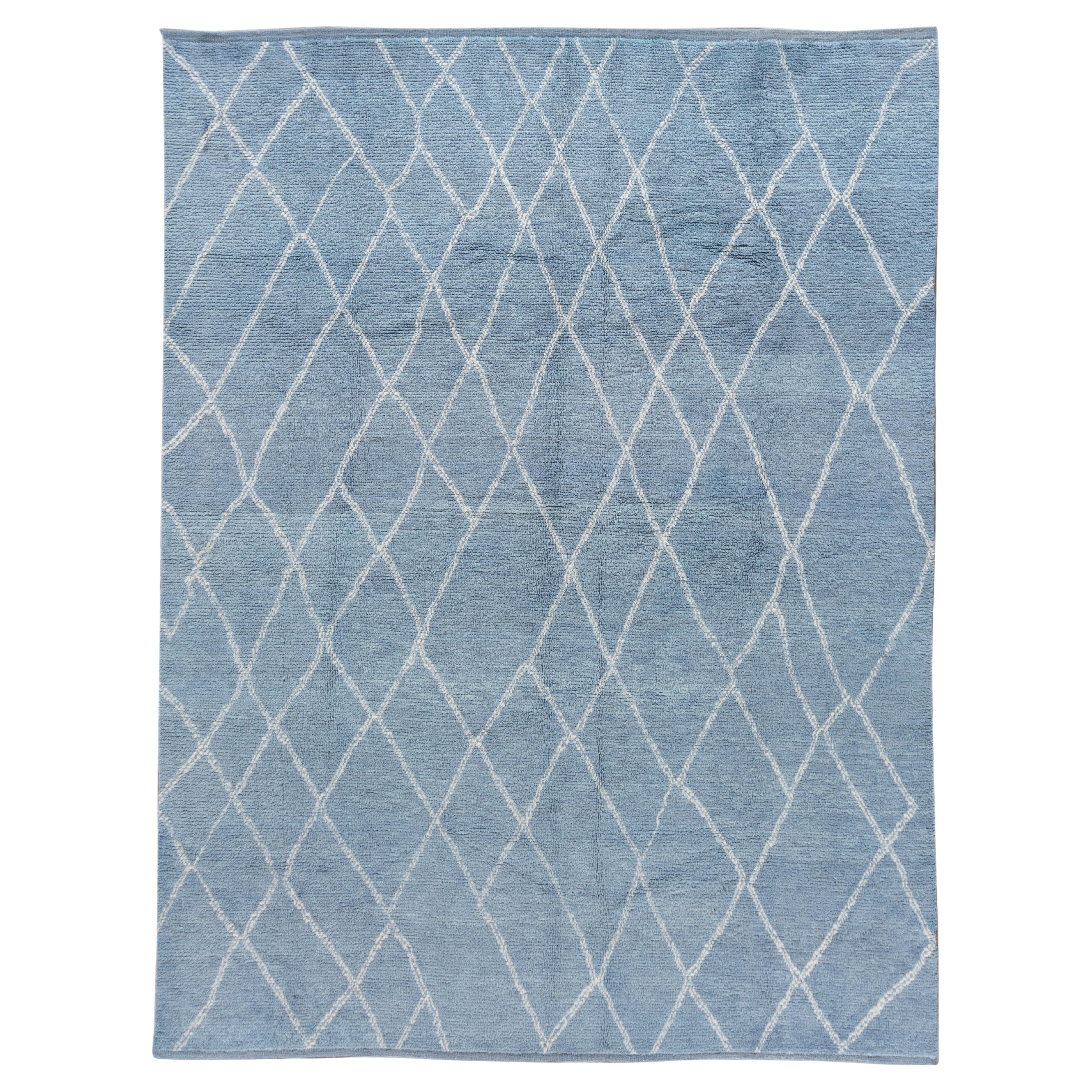 9 x 12 Light Blue Modern Moroccan-Style Wool Rug With Tribal Design