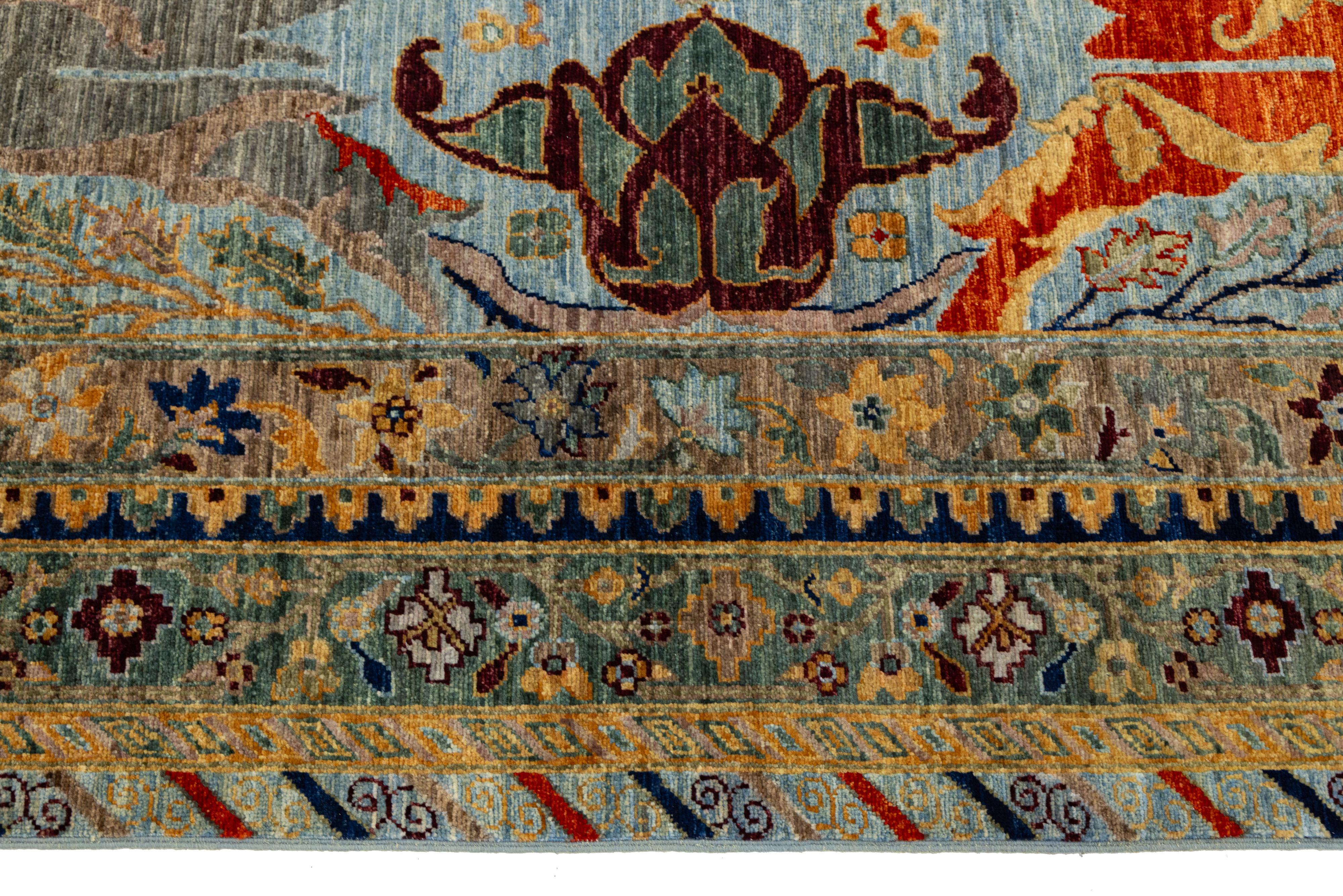 9 x 12 Tapis moderne en laine de style Bidjar noué à la main en bleu avec des motifs mythiques en vente 2