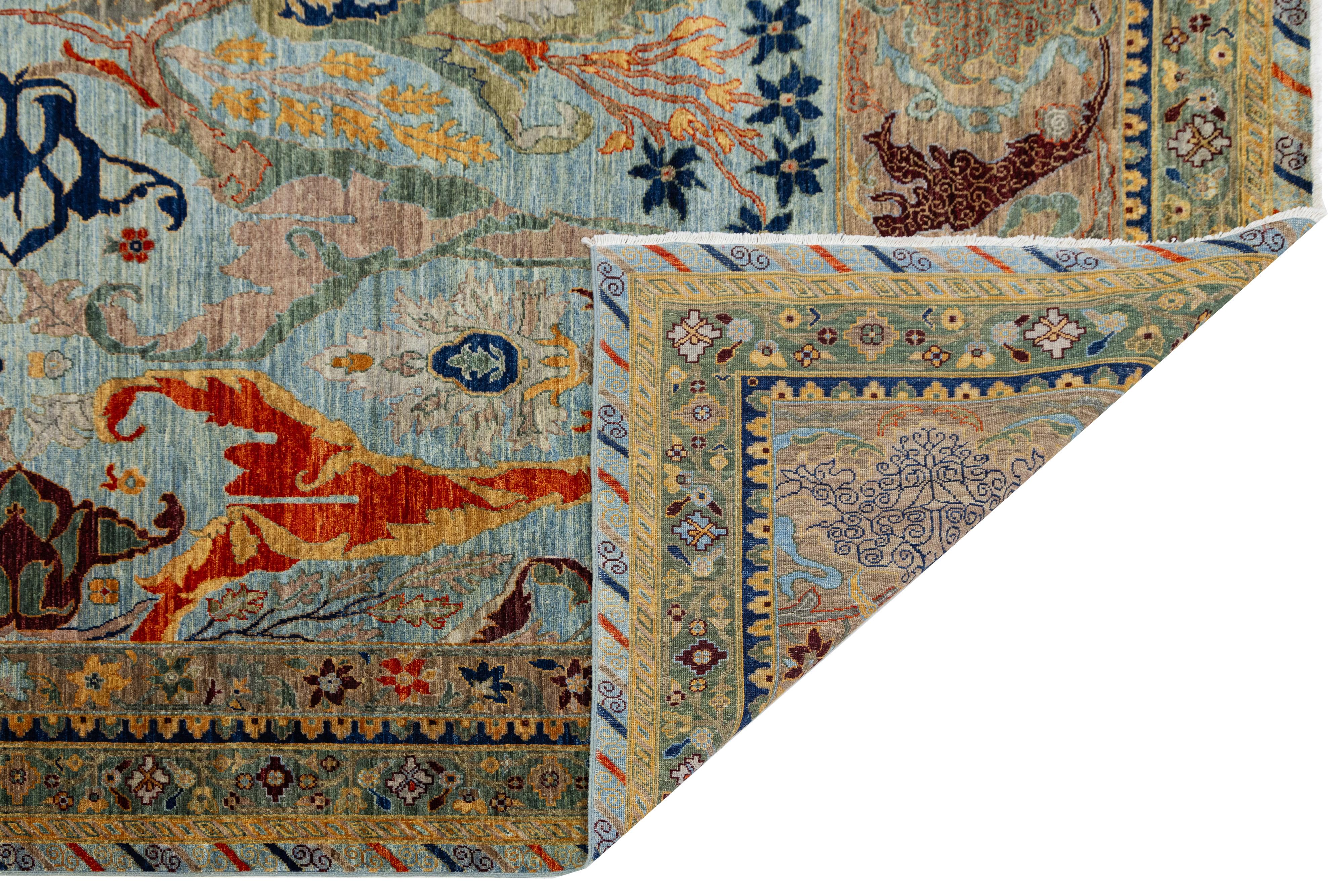 Islamique 9 x 12 Tapis moderne en laine de style Bidjar noué à la main en bleu avec des motifs mythiques en vente