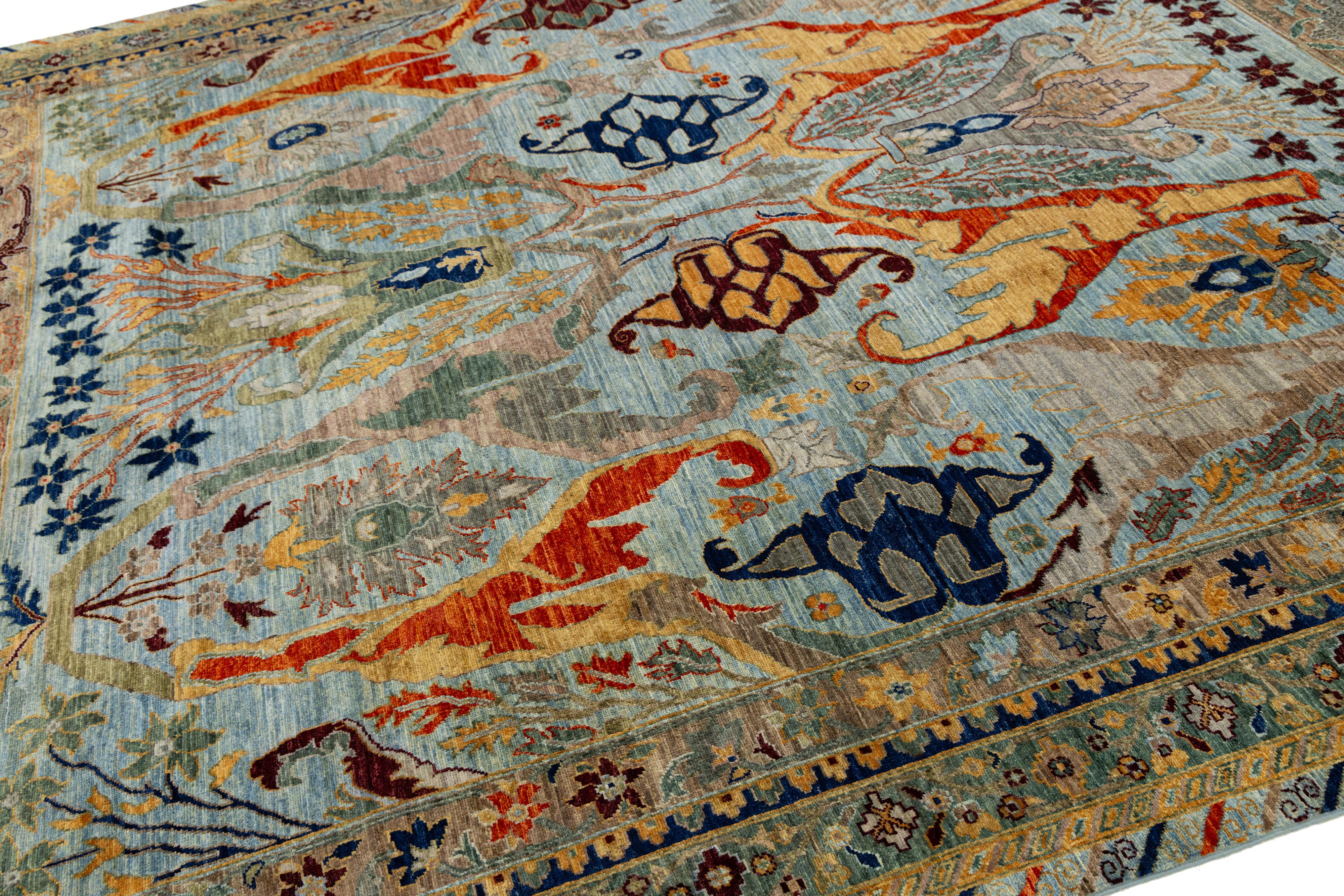 Noué à la main 9 x 12 Tapis moderne en laine de style Bidjar noué à la main en bleu avec des motifs mythiques en vente