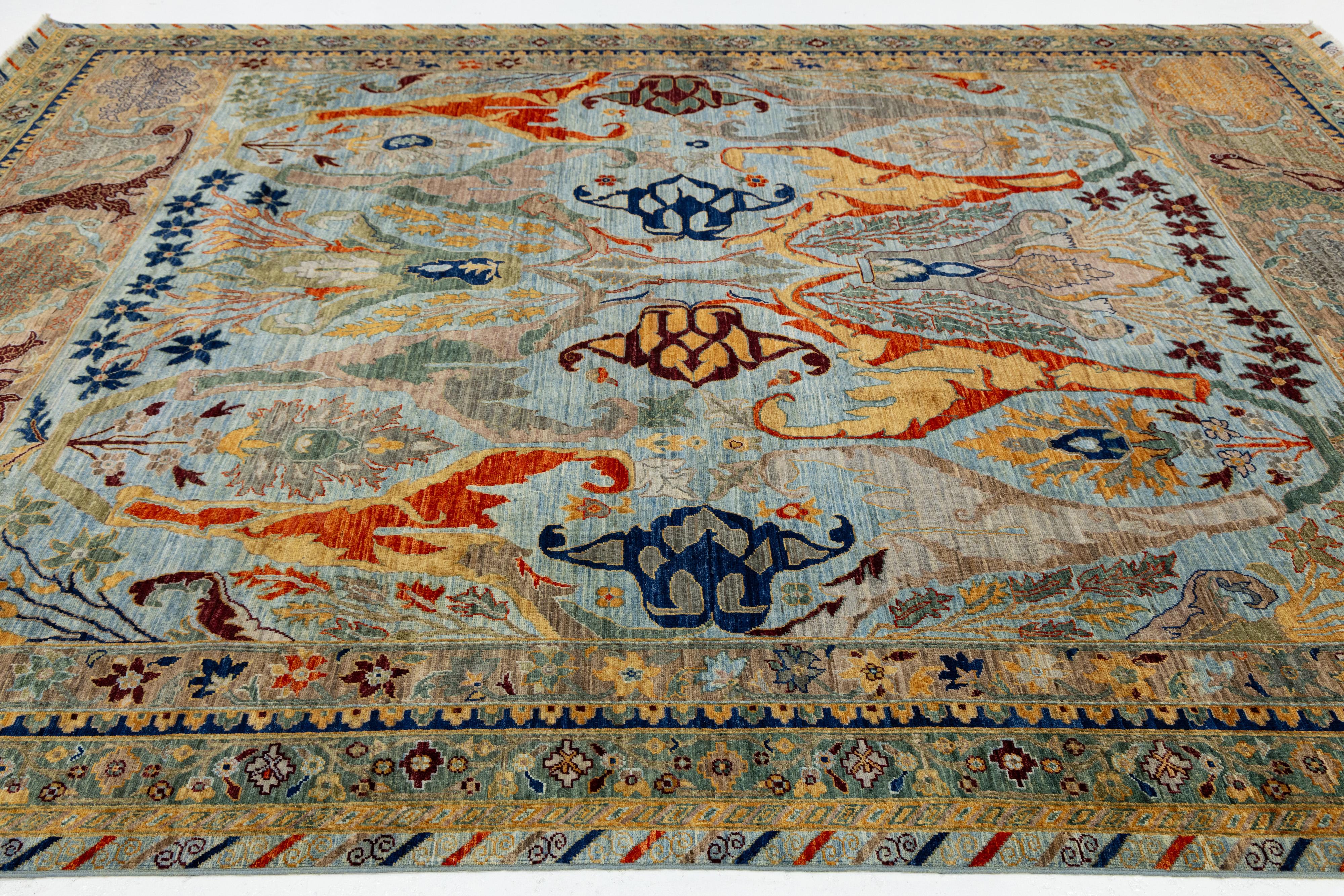 9 x 12 Tapis moderne en laine de style Bidjar noué à la main en bleu avec des motifs mythiques Neuf - En vente à Norwalk, CT