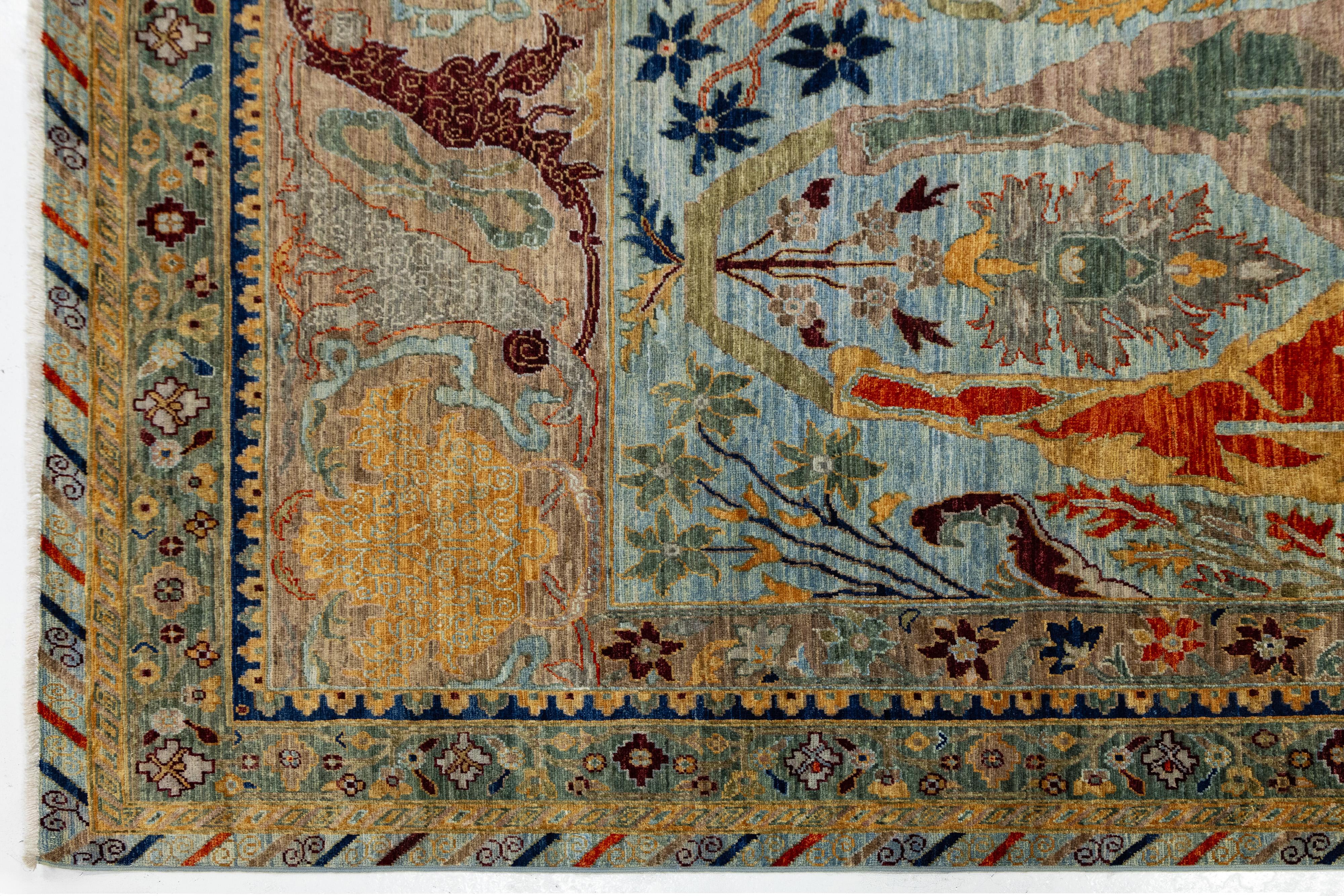 XXIe siècle et contemporain 9 x 12 Tapis moderne en laine de style Bidjar noué à la main en bleu avec des motifs mythiques en vente