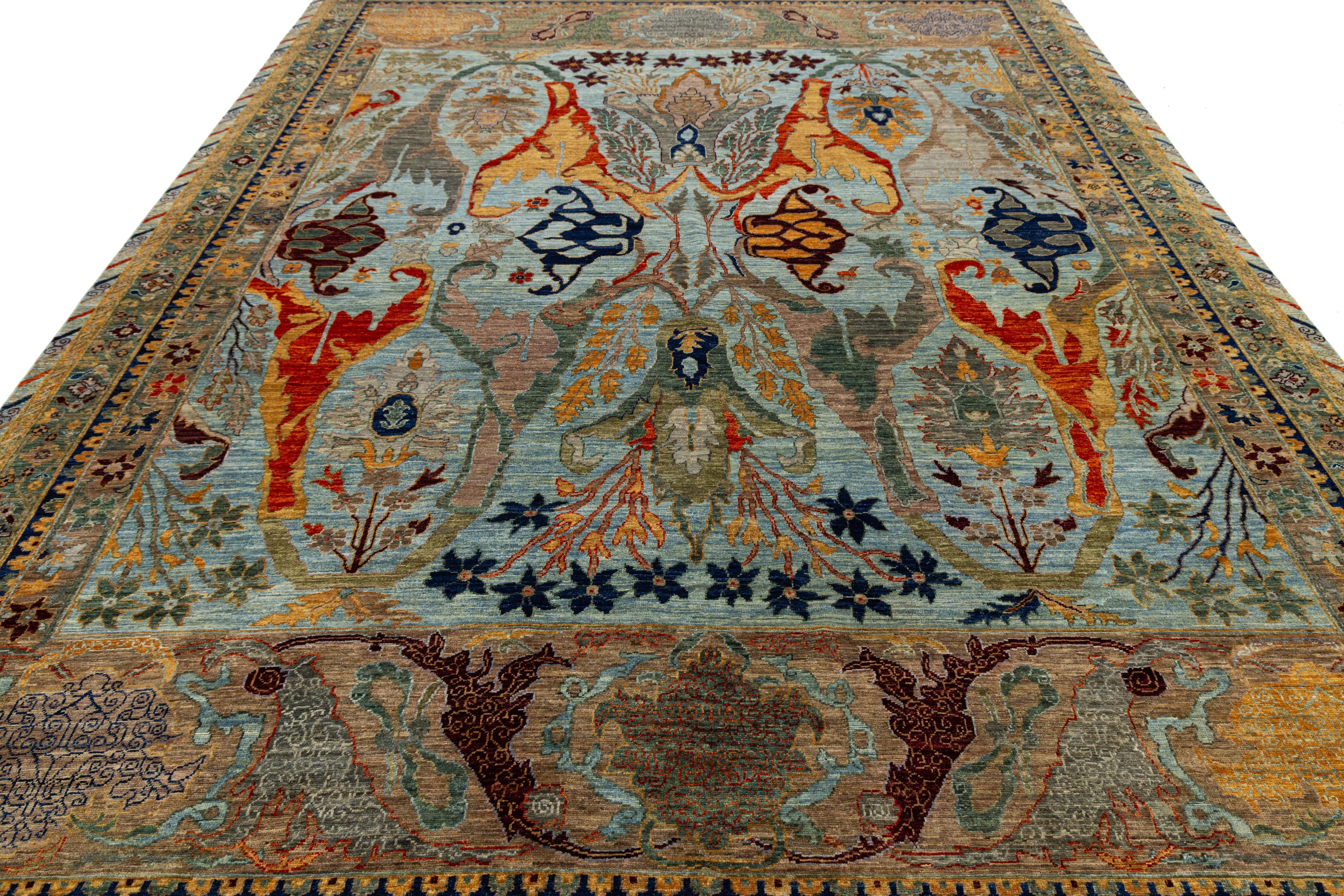 Laine 9 x 12 Tapis moderne en laine de style Bidjar noué à la main en bleu avec des motifs mythiques en vente